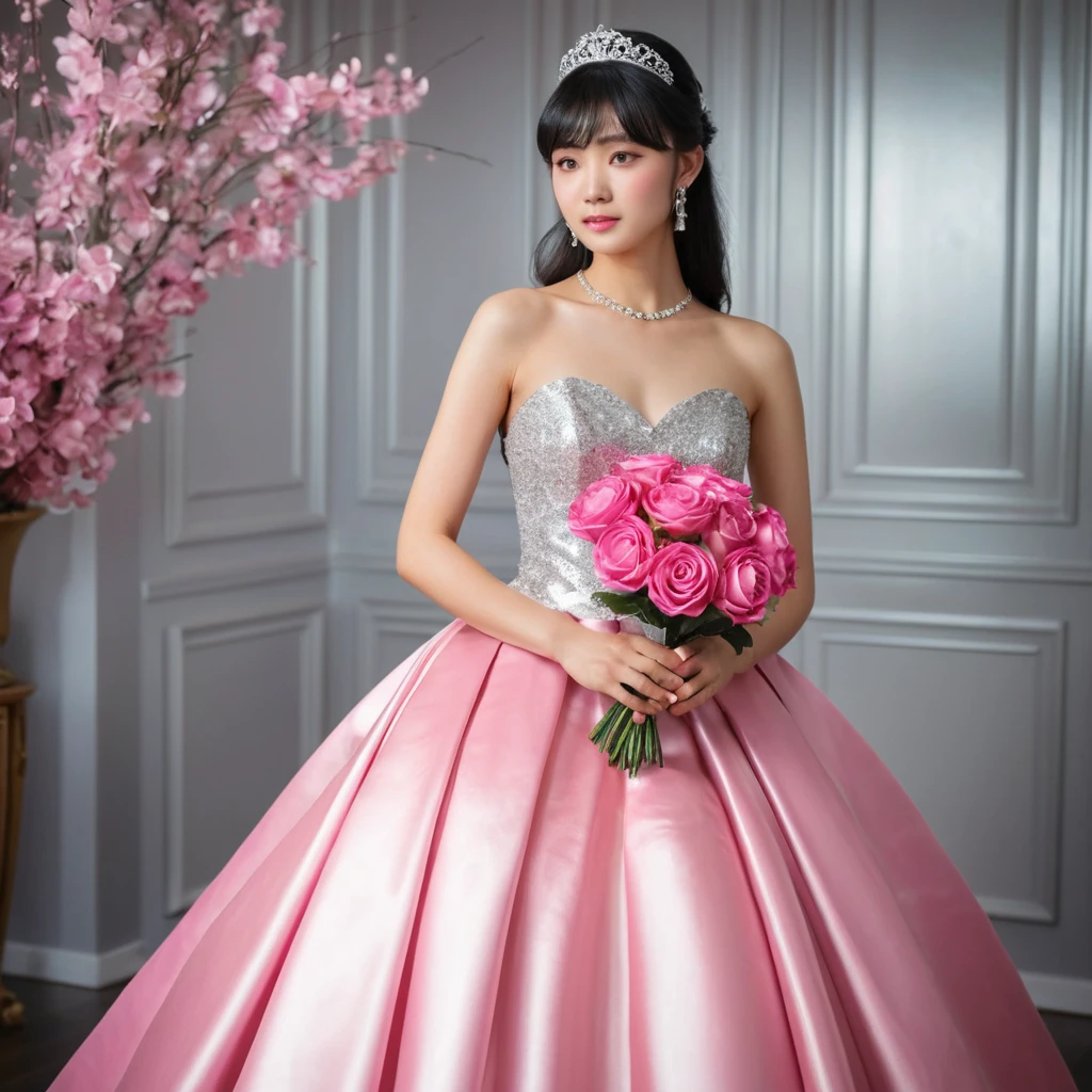 Elegant Japanese bride in pink satin strapless gown
