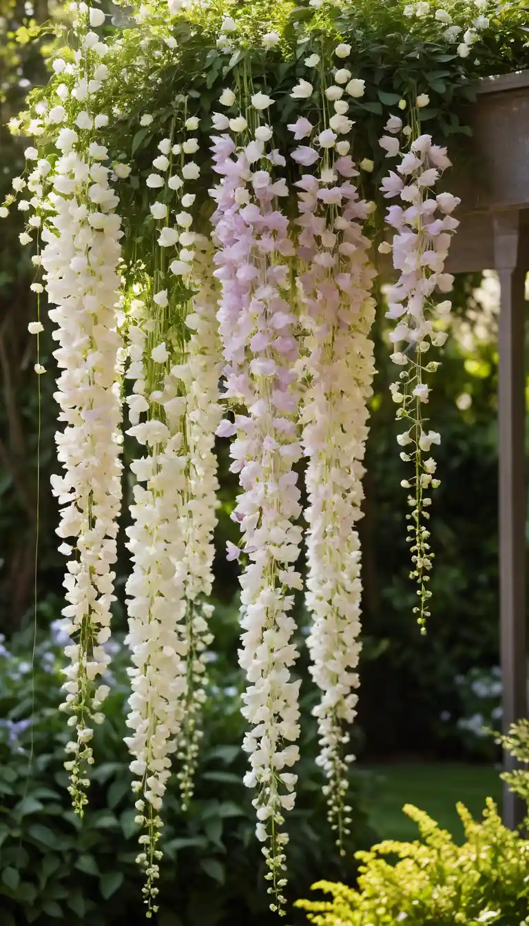 Cascata di fiori bianchi e lavanda alla luce del sole in primo piano