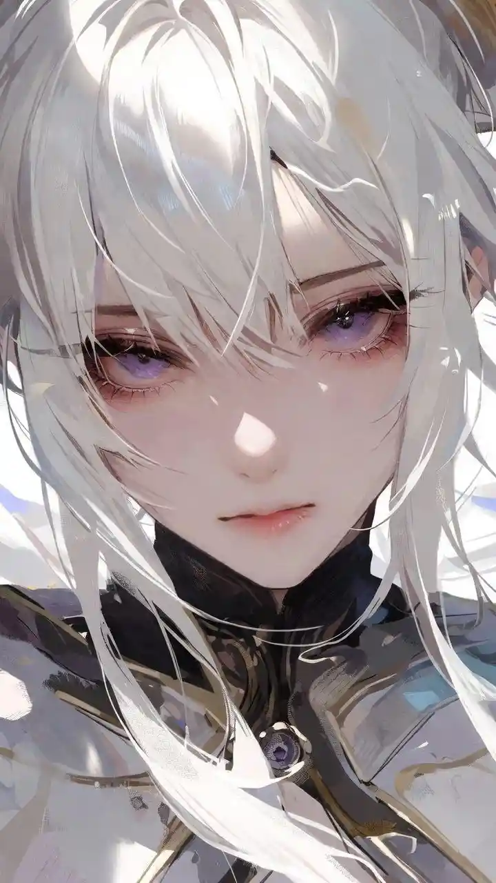 Ethereal anime girl with white hair and violet eyes portrait