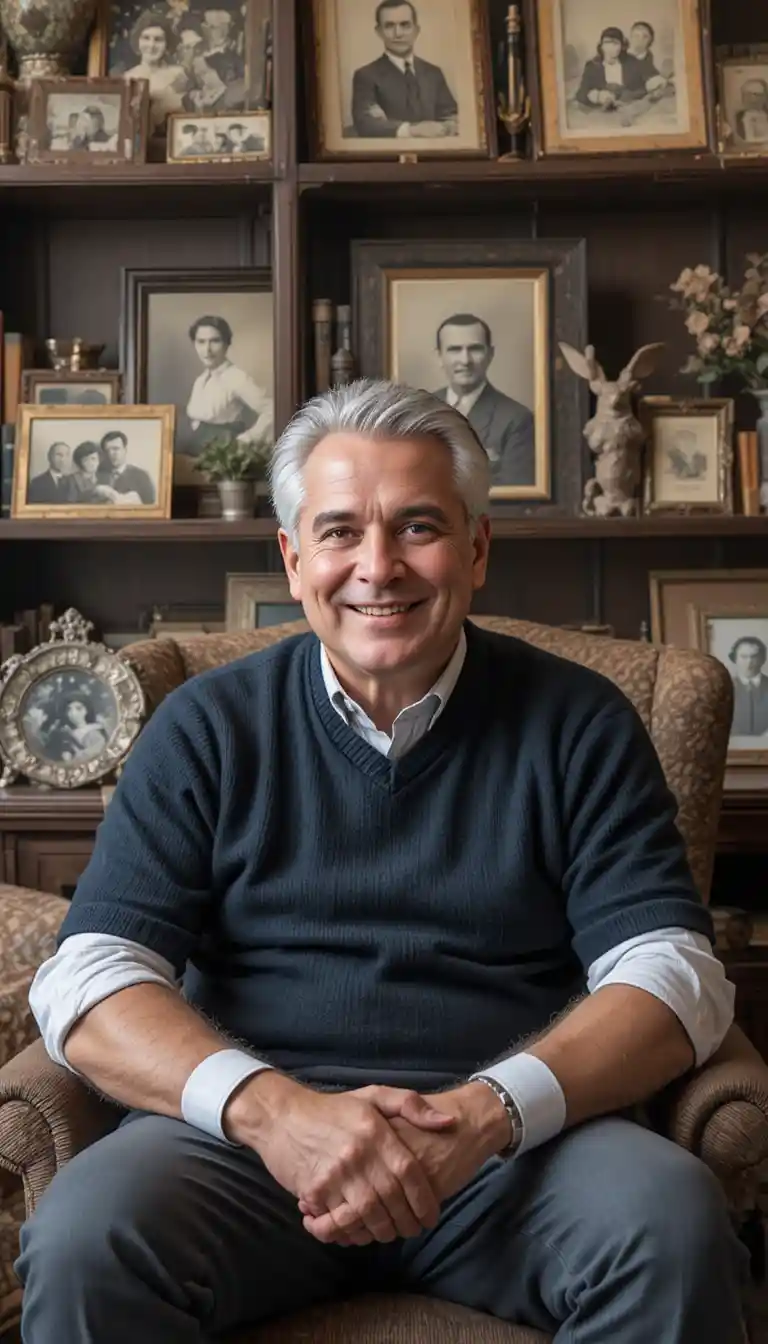 Smiling journalist seated in a cozy home library