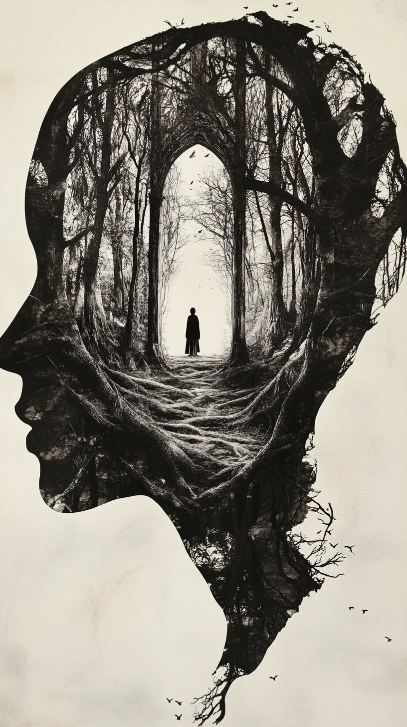 Surreal human profile of bark opening into tree cathedral