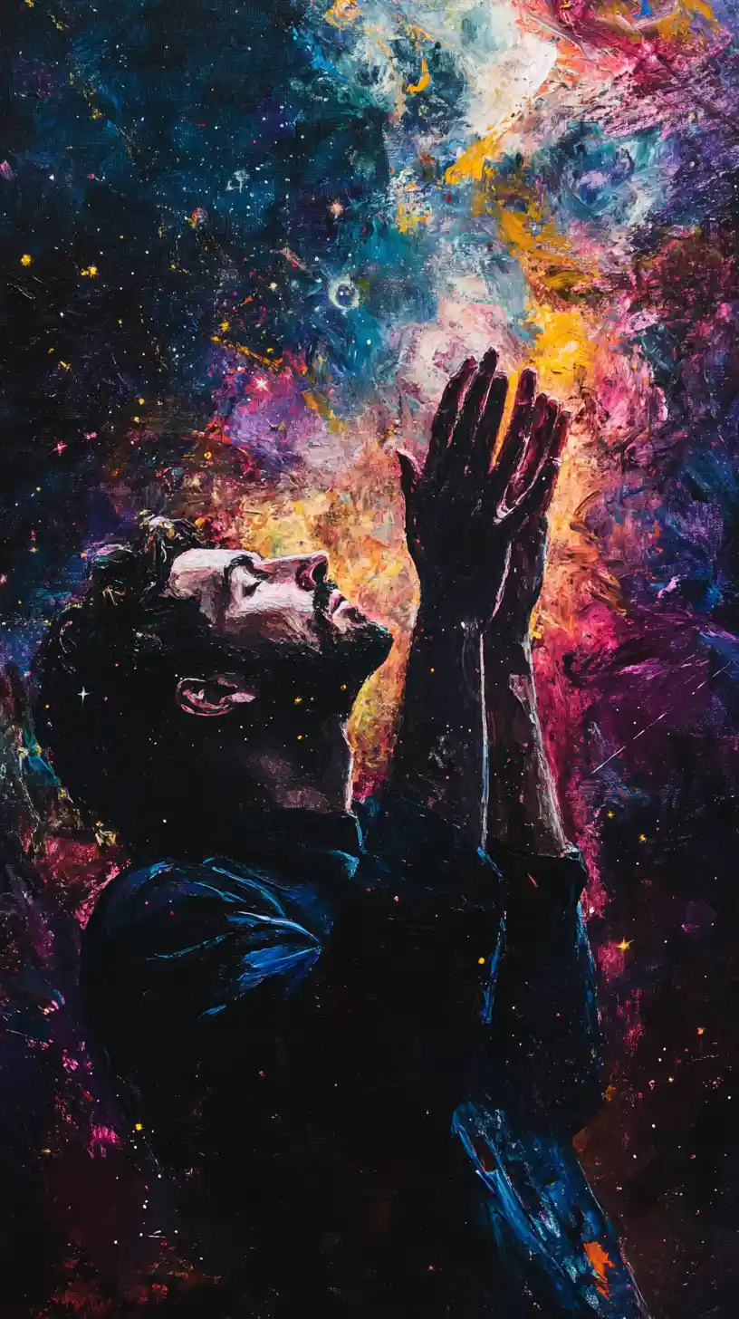 Woman raising her hands toward glowing night constellations