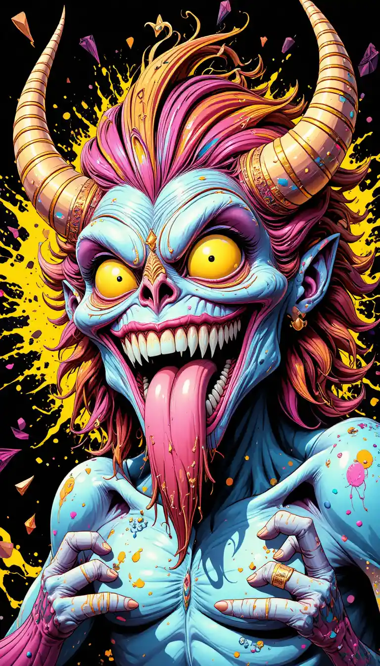 Psychedelic cartoon monster face with golden tentacles