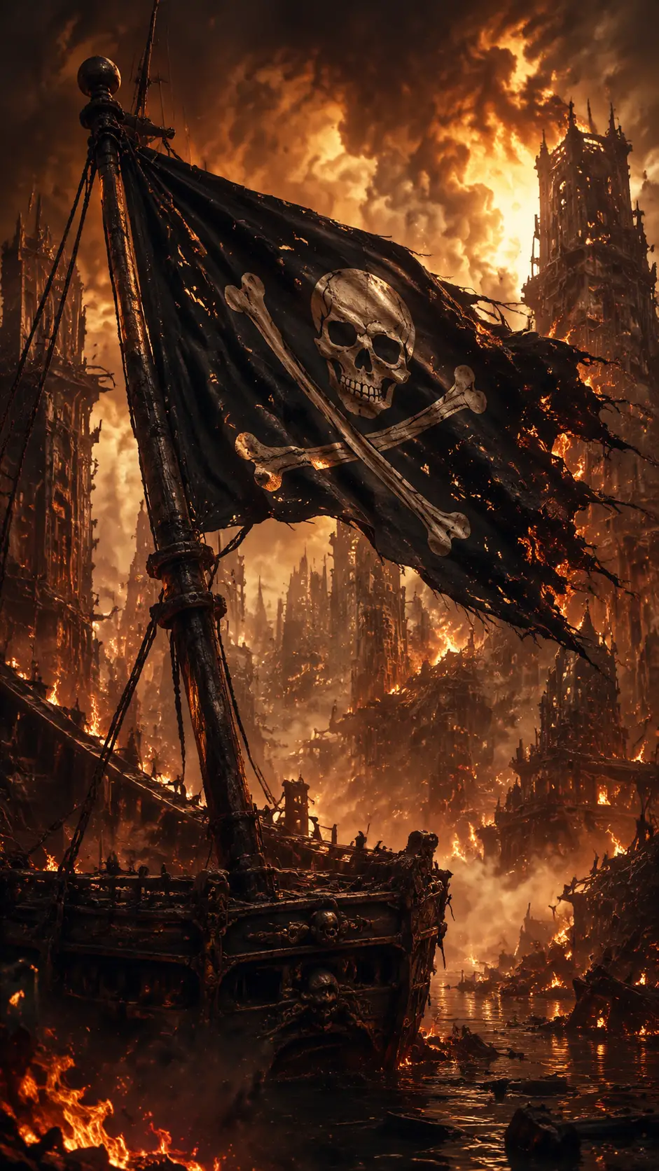 Tattered pirate flag over burning dystopian fantasy ruins