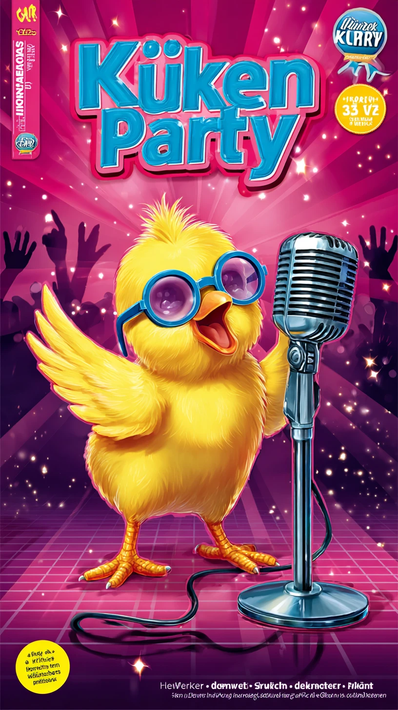 Cartoon chick singer on disco stage with retro microphone