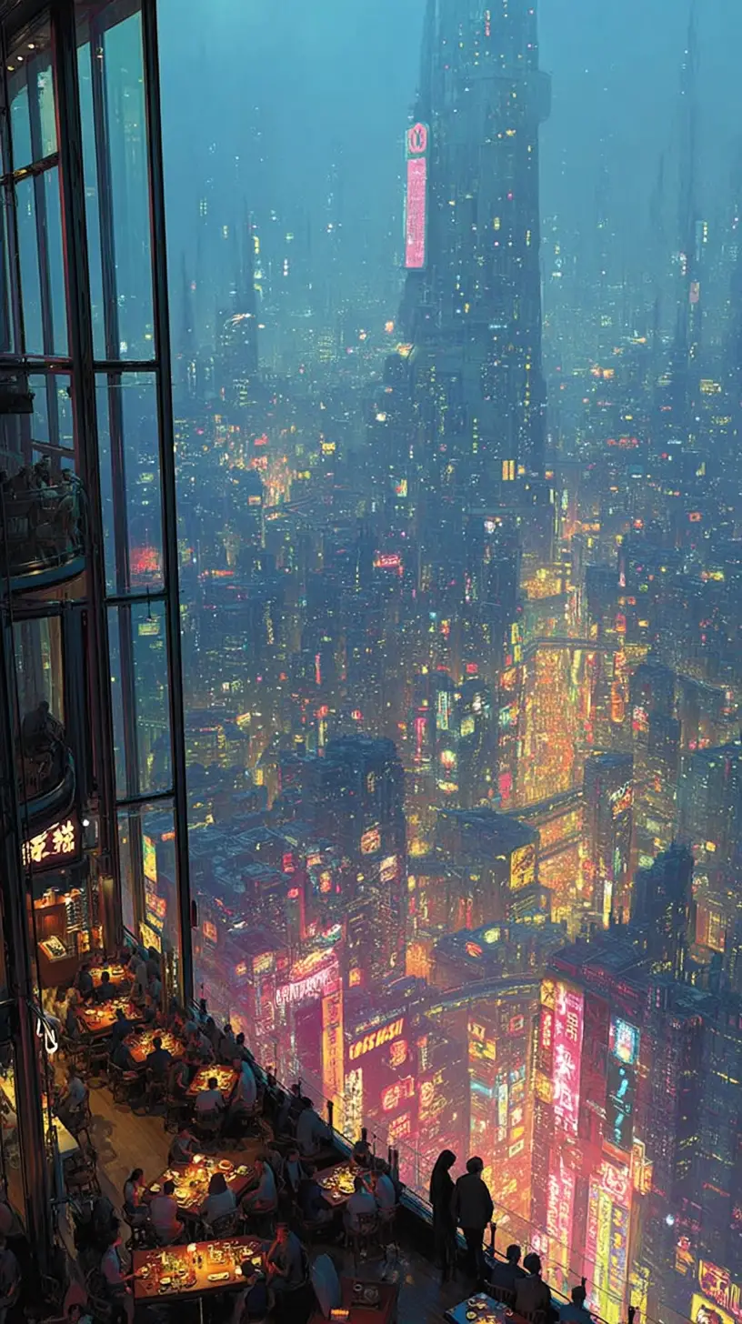 Futuristic Couple Dining In Neon Lit Cyberpunk Restaurant