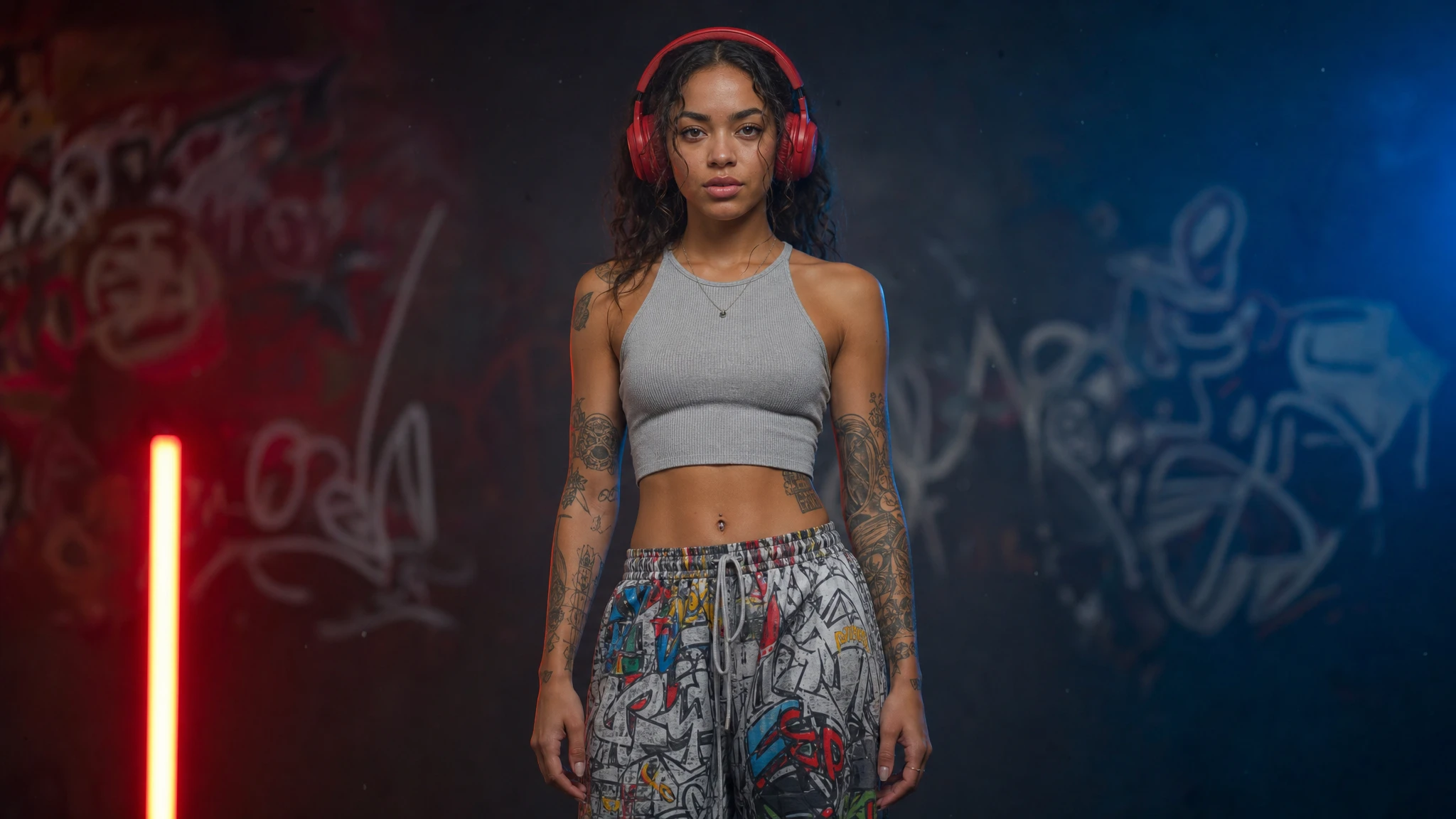 Donna calma con pantaloni graffiti e cuffie rosse in studio