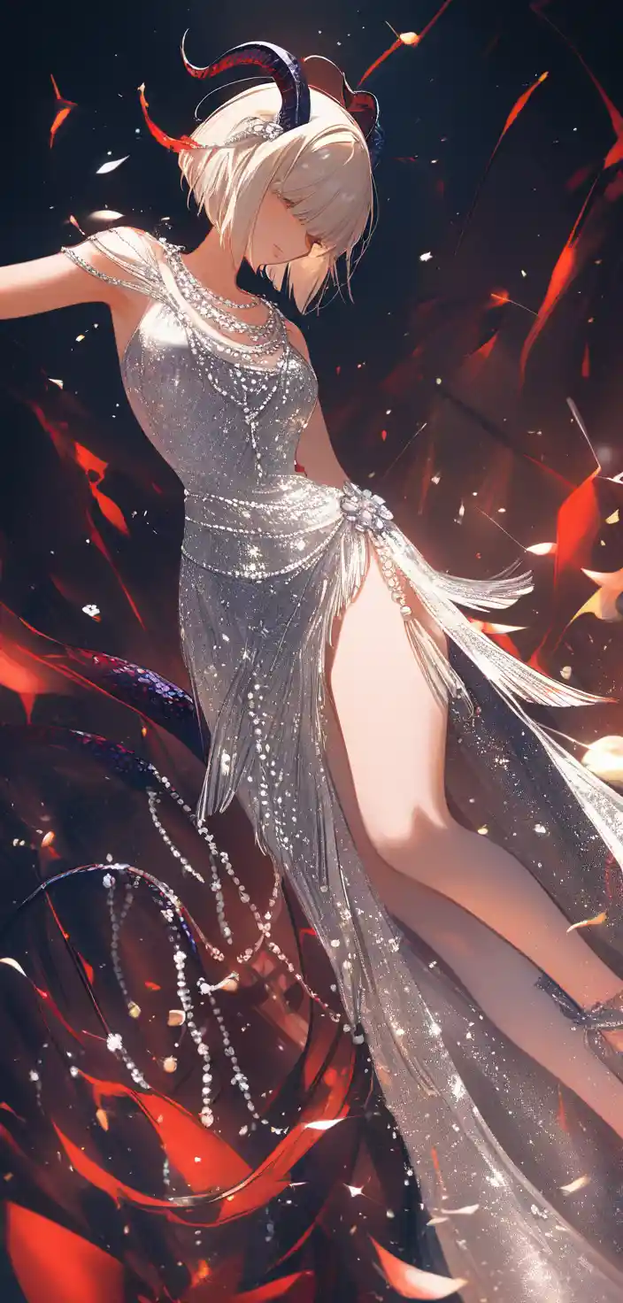 Mujer tiefling inspirada en flapper bailando en plano contrapicado