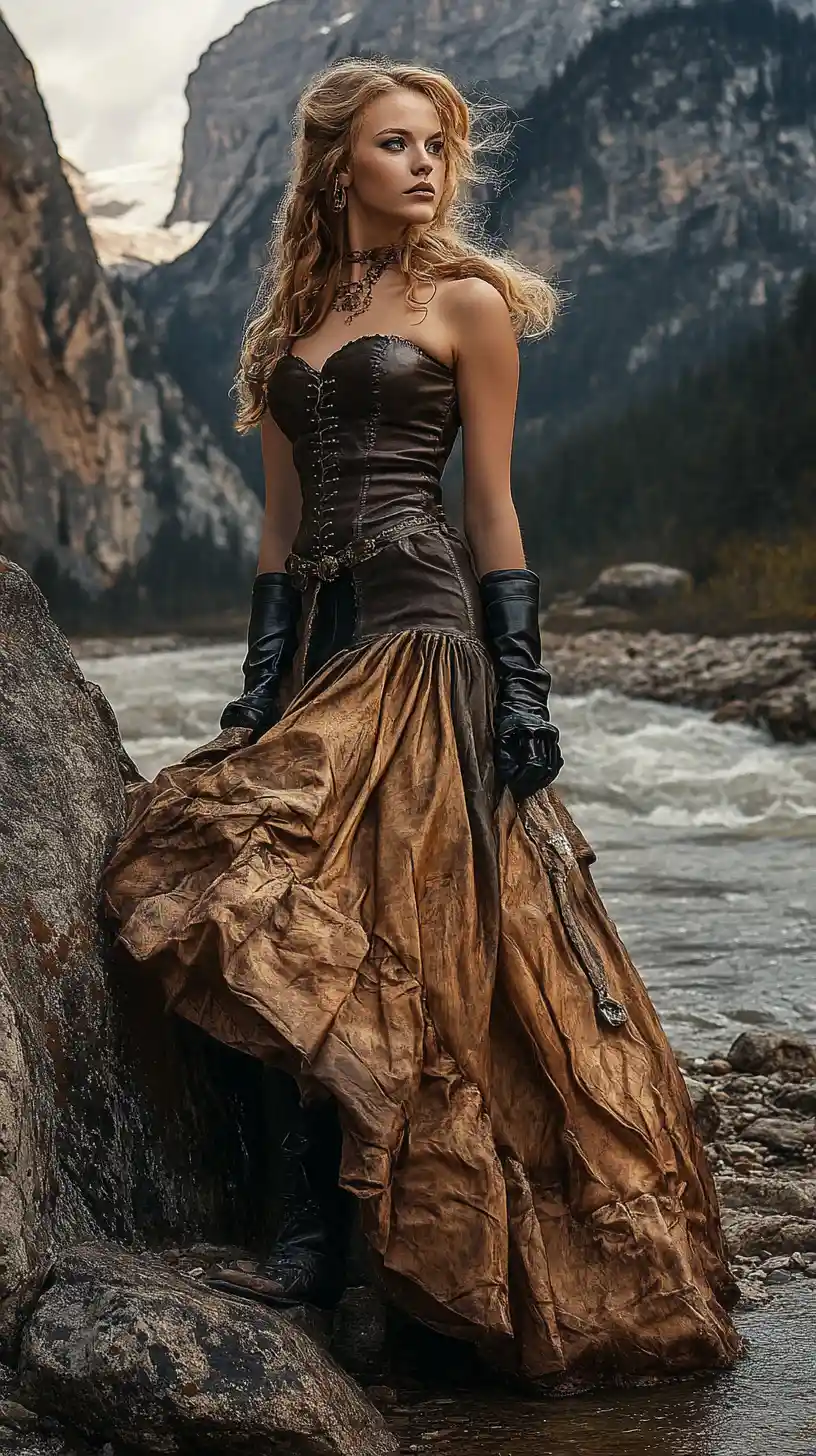 Vintage woman in leather dress by river and mountains