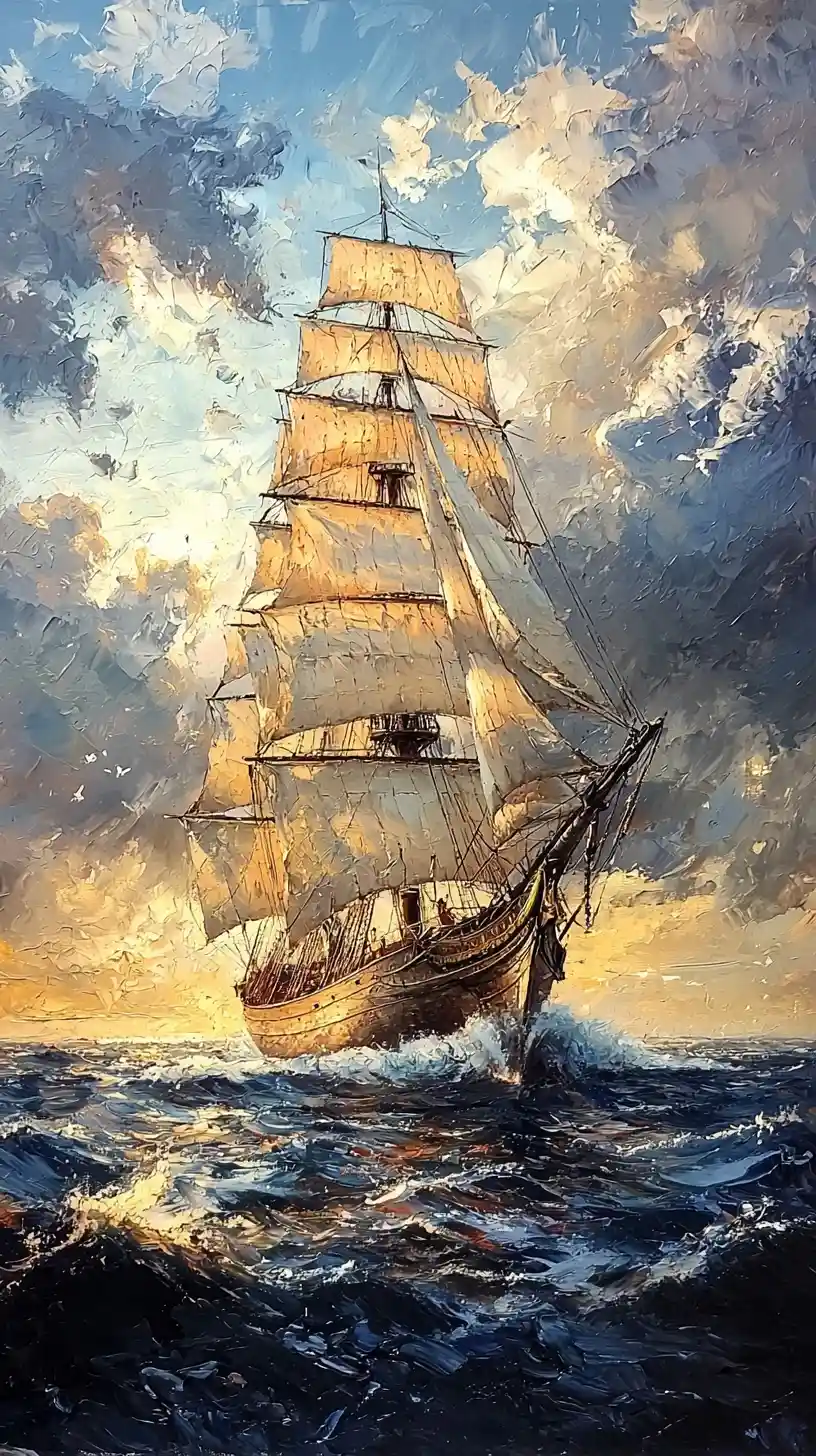 Tall ship under luminous clouds on a dramatic sea