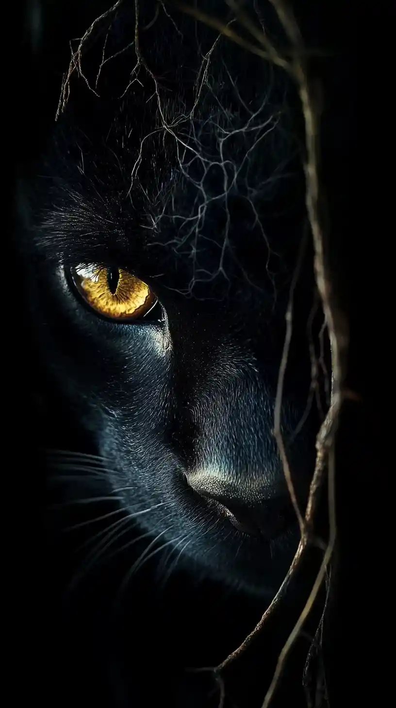 Schwarzer Panther, der aus der Dunkelheit mit einem leuchtenden Auge auftaucht