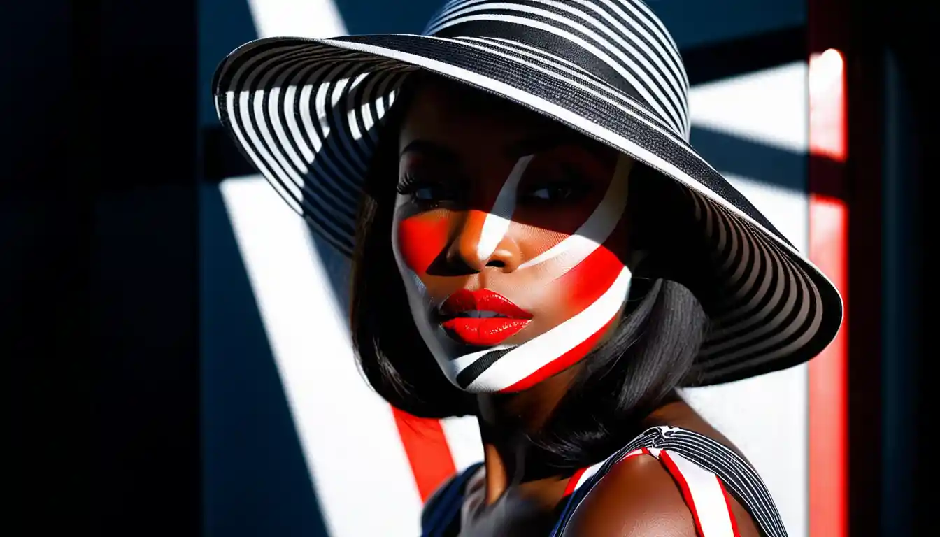 Black and white fashion portrait with striped hat and red lips