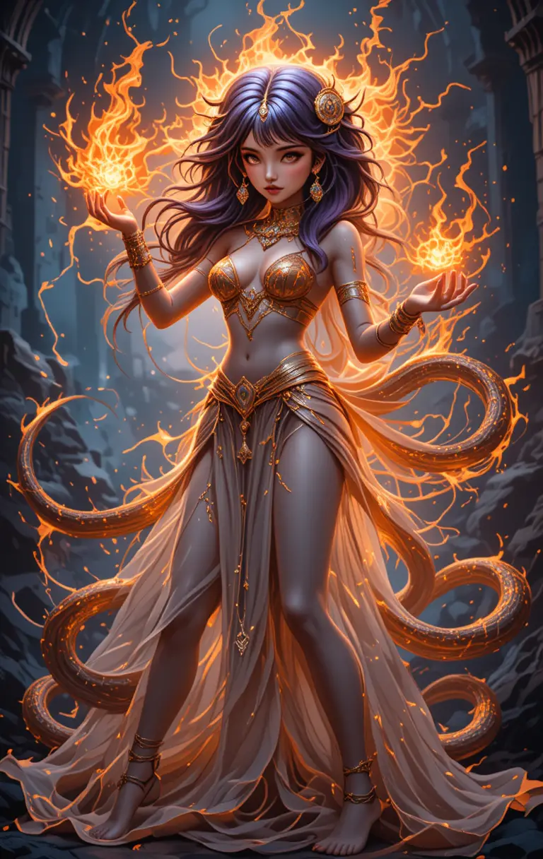 Dark elemental warrior woman casting fire in pyramid ruins