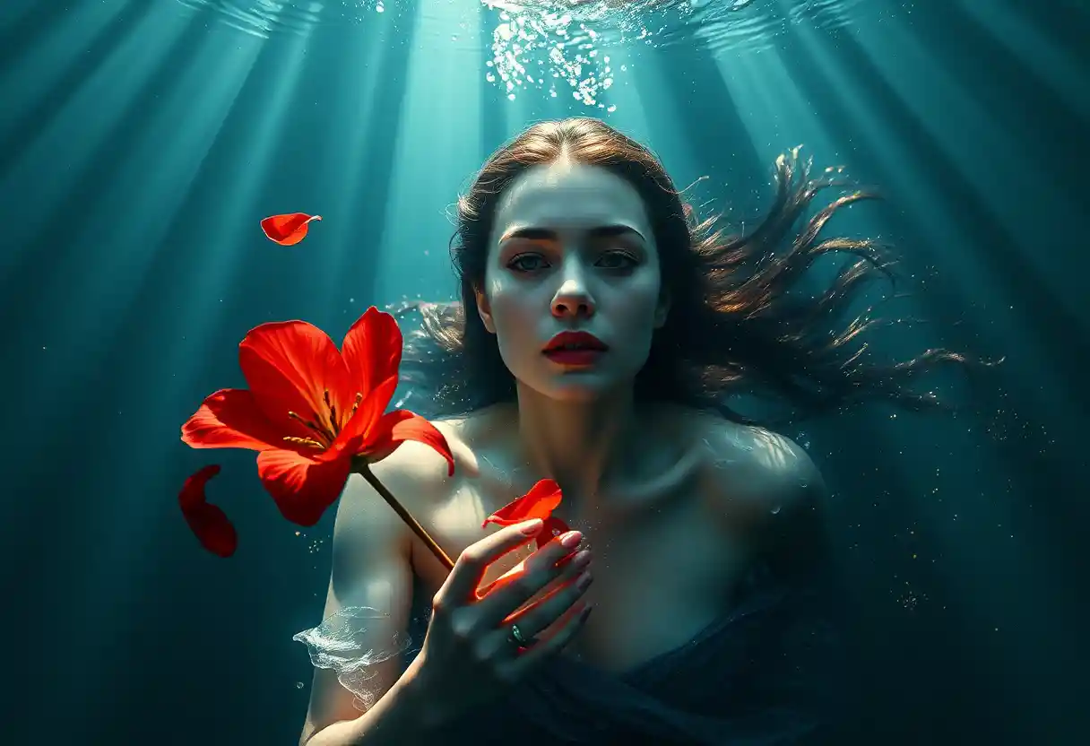 Mystical woman swimming toward camera with glowing red flower