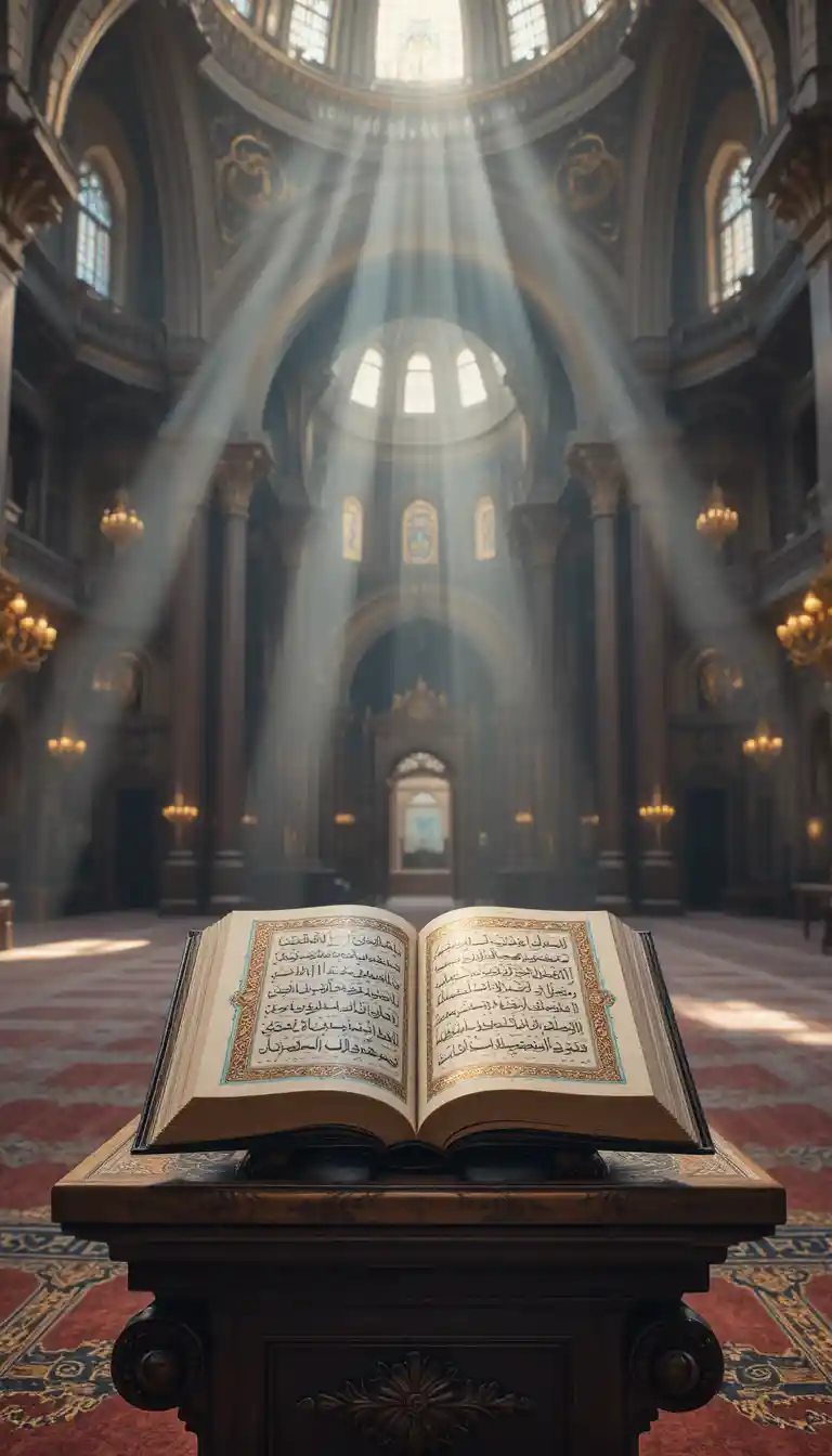 Open Holy Quran On Wooden Stand In Grand Mosque Light