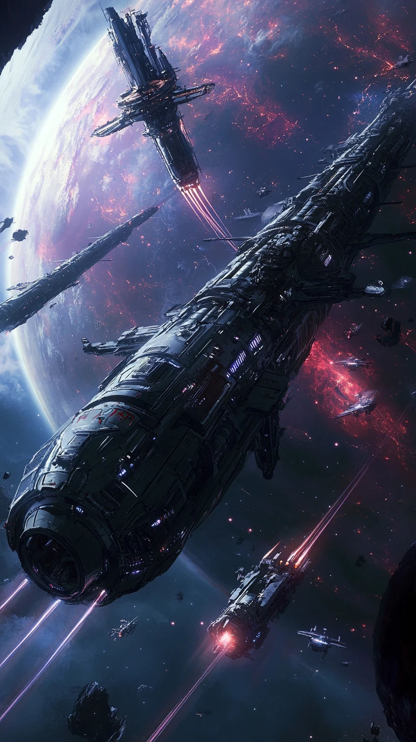 Massive spaceships battling in orbit above a distant world