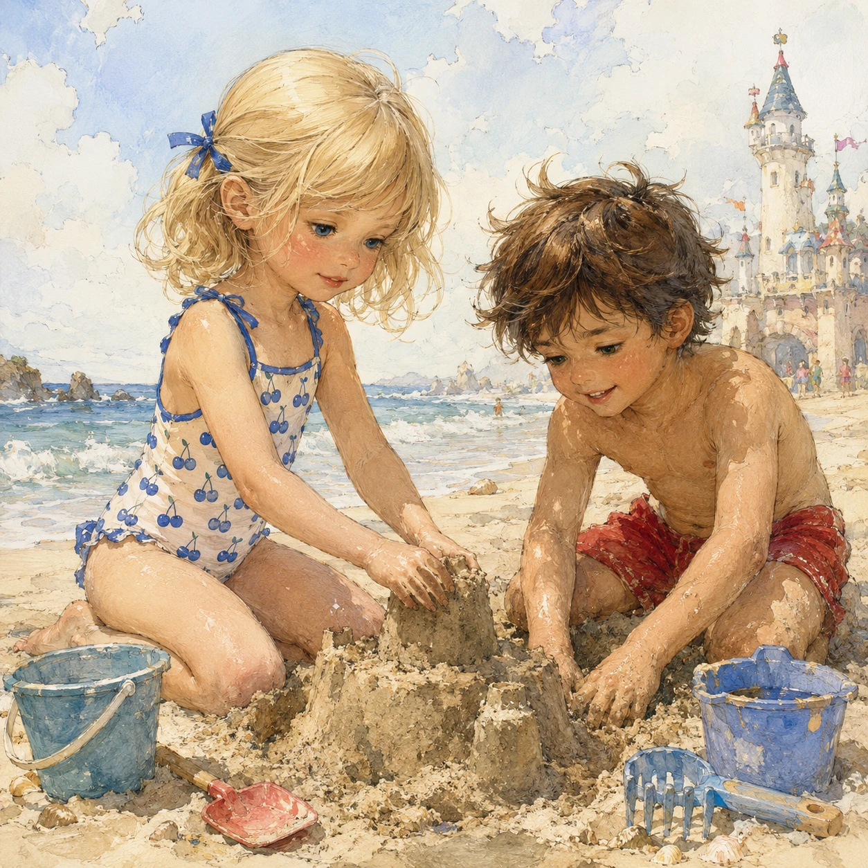 Niños pequeños jugando con arena en una playa de ensueño