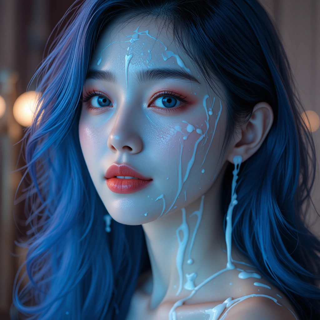 Smiling blue haired girl with glowing white skin