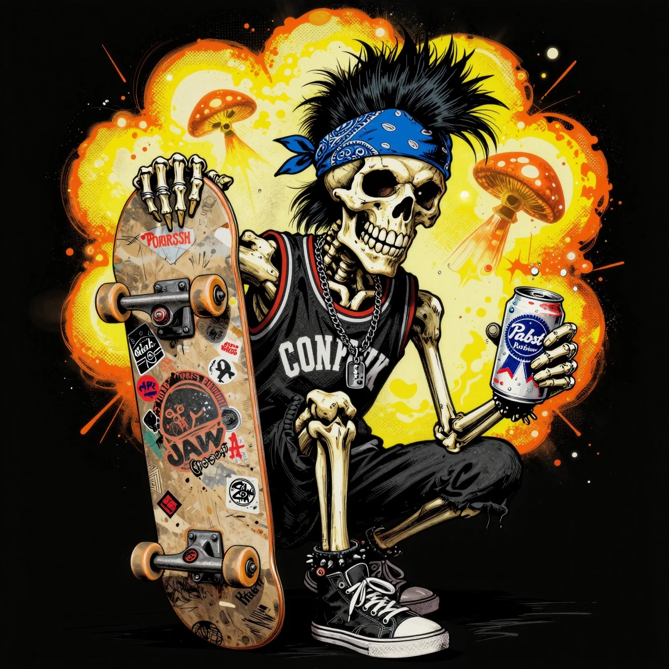 Punk skeleton skater mascot with board and can