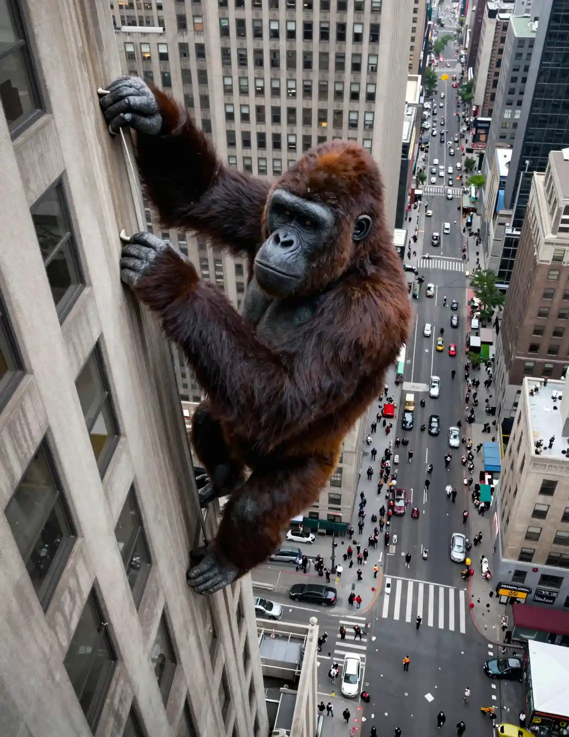 Giant ape climbing a New York skyscraper above crowded streets