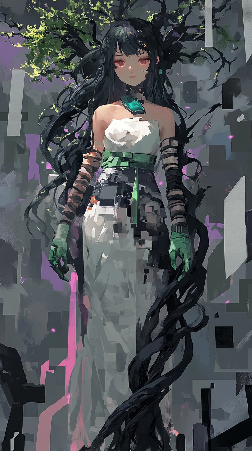 Anime girl in surreal world of gray blocks and dead tree