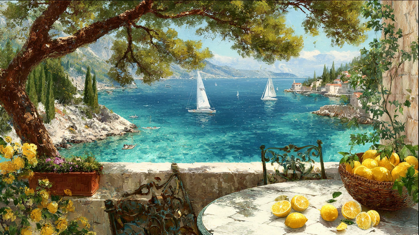 Mediterranean terrace with fruit basket by the Adriatic sea