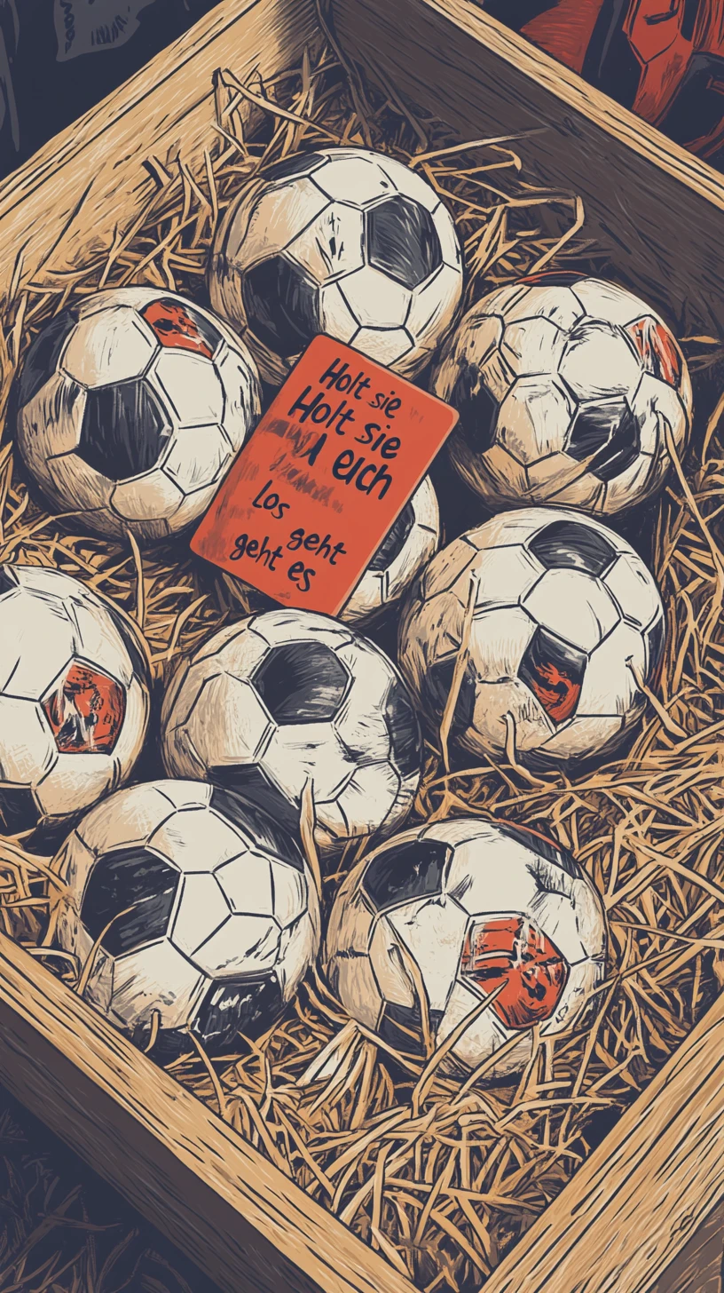 Box of soccer balls with chicken referee in stadium