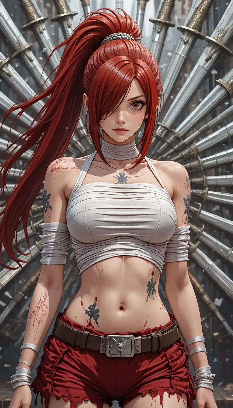 Anime battle goddess warrior with swords and bandaged torso