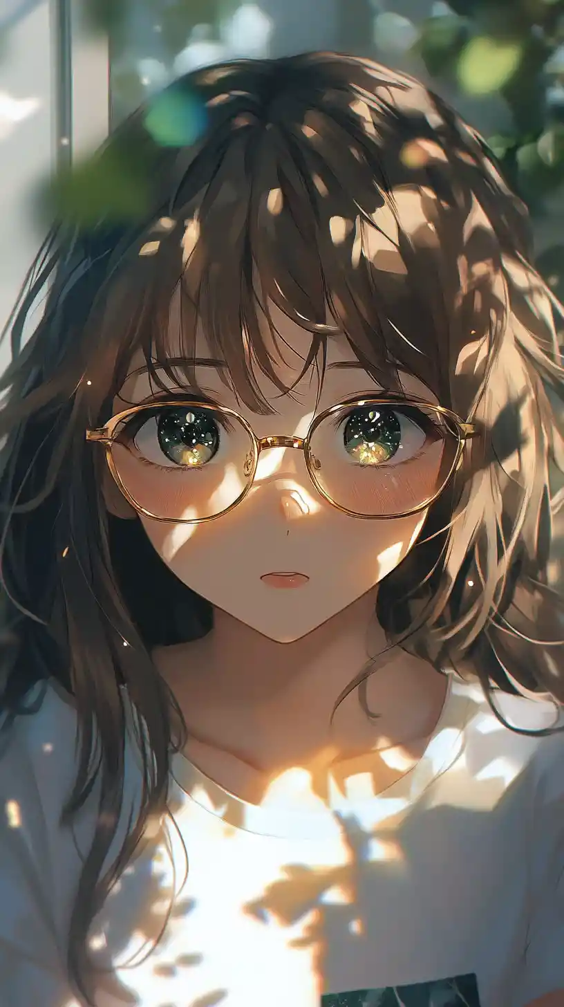 Anime girl with galaxy glasses in a calm birch forest