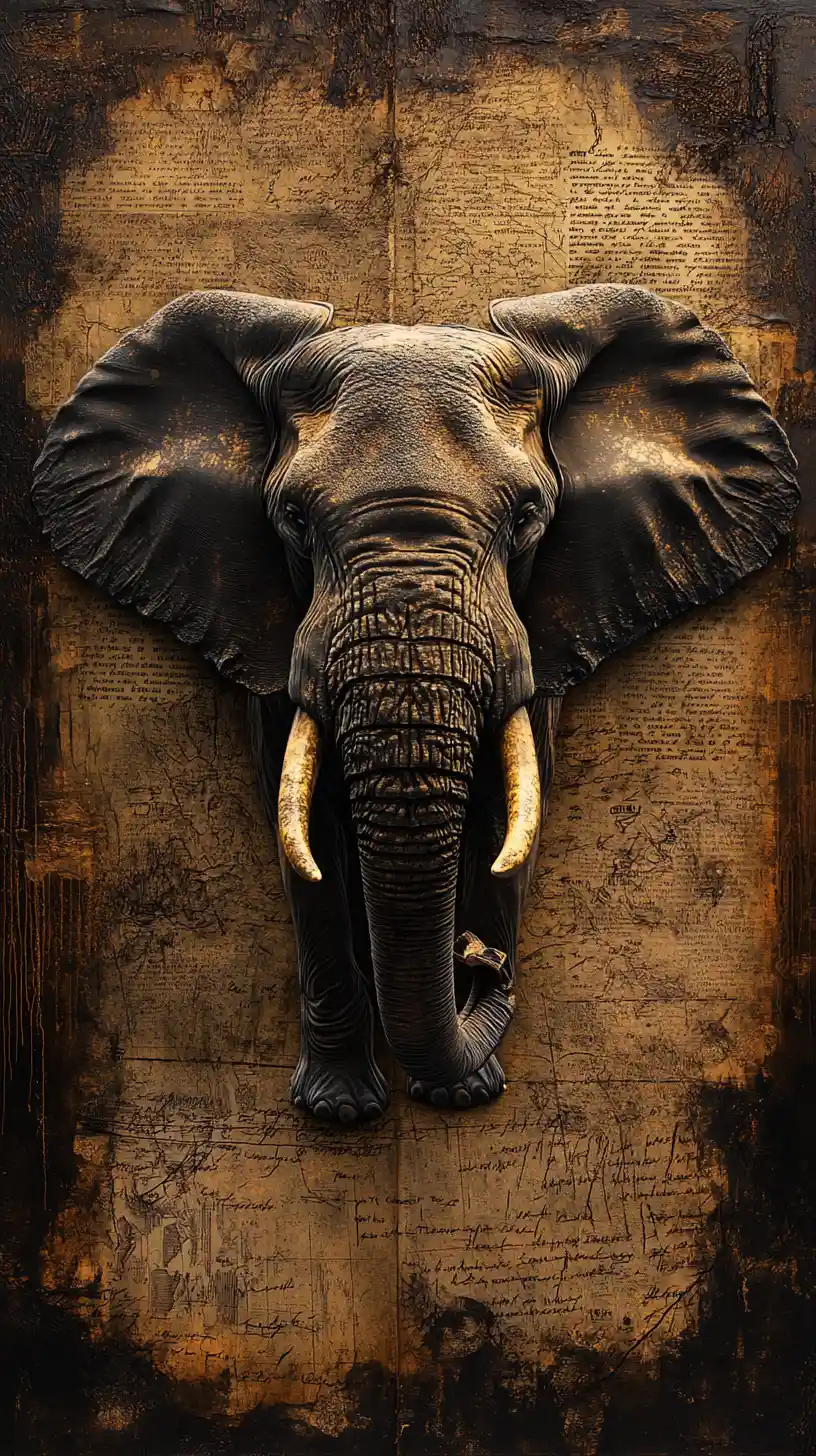 African elephant merging with ancient archival maps in darkness