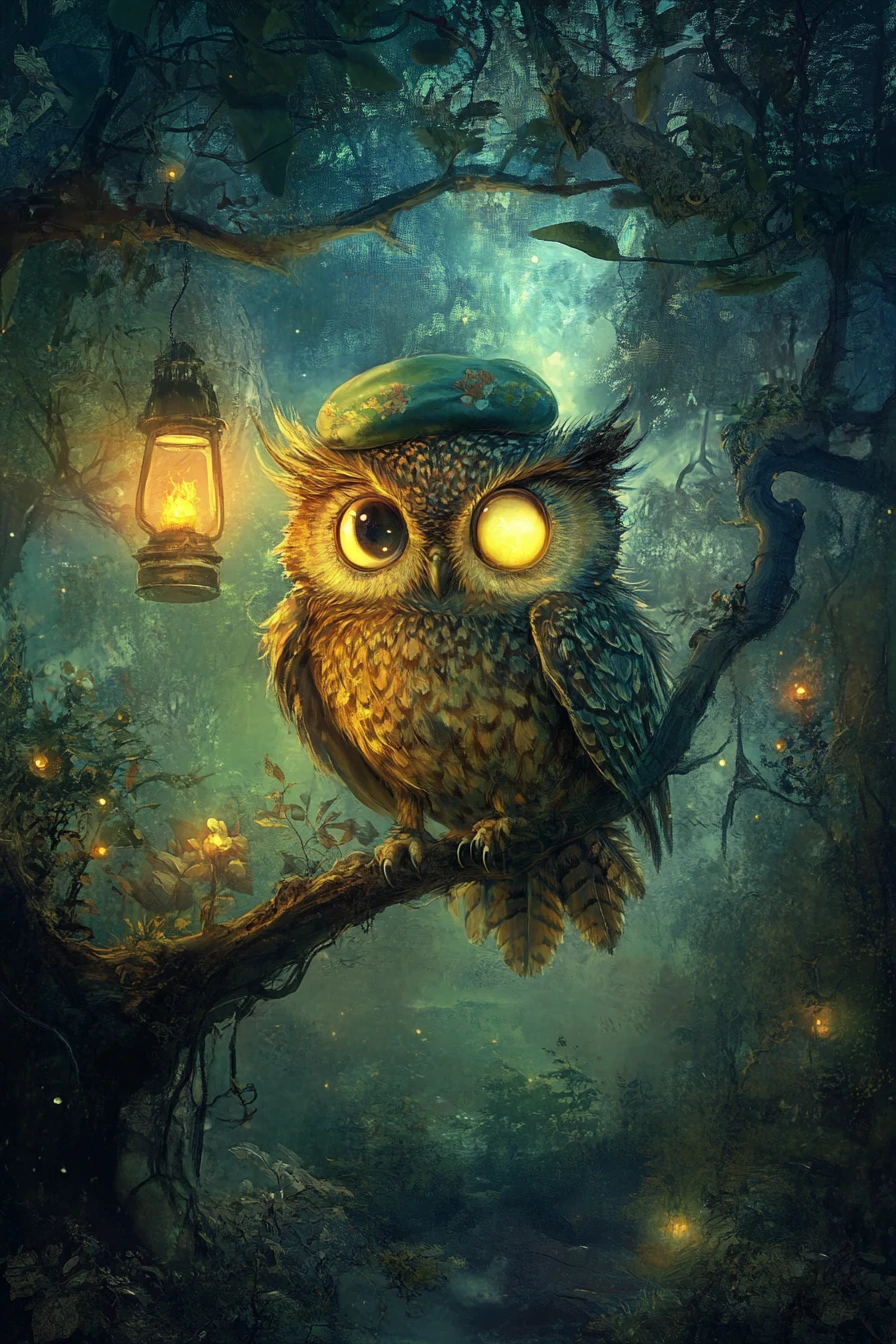Whimsical owl in a nightcap walking through fantasy forest