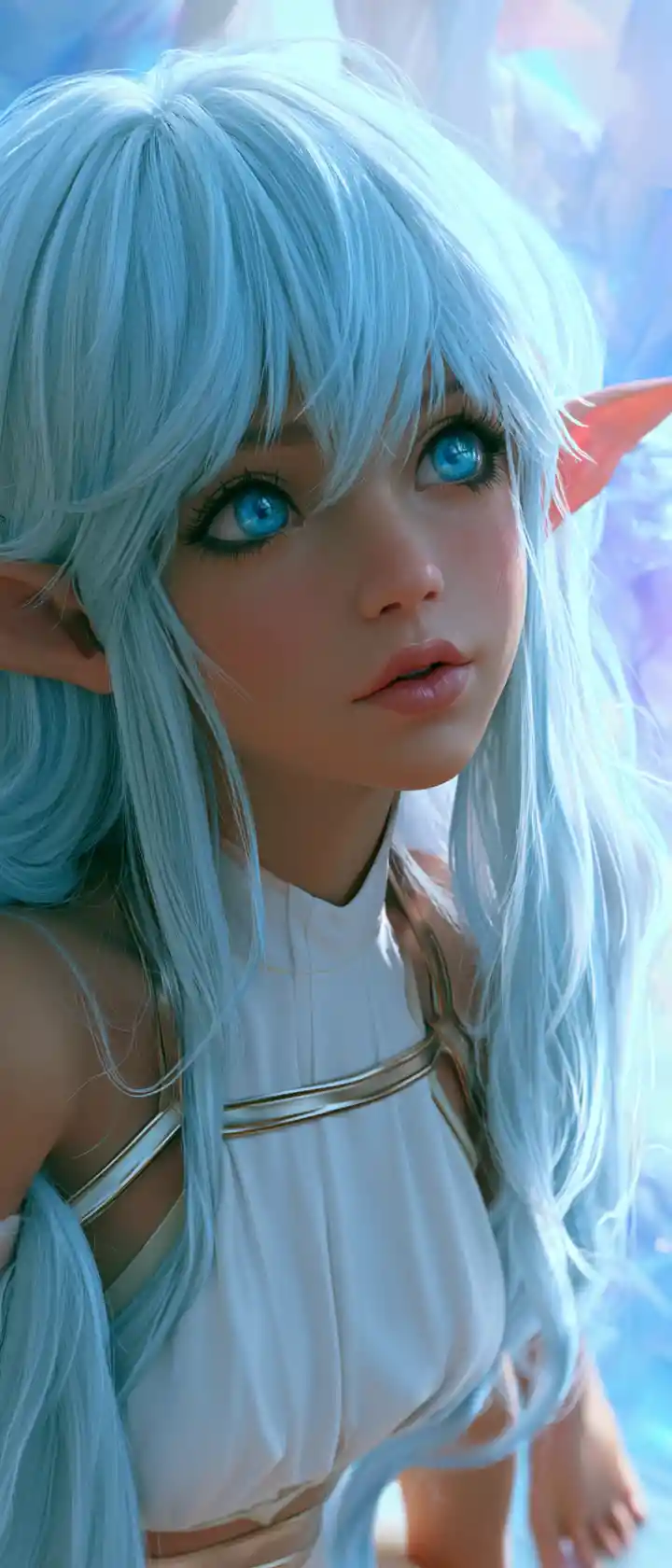 Pastel blue haired elf girl in serene full body portrait