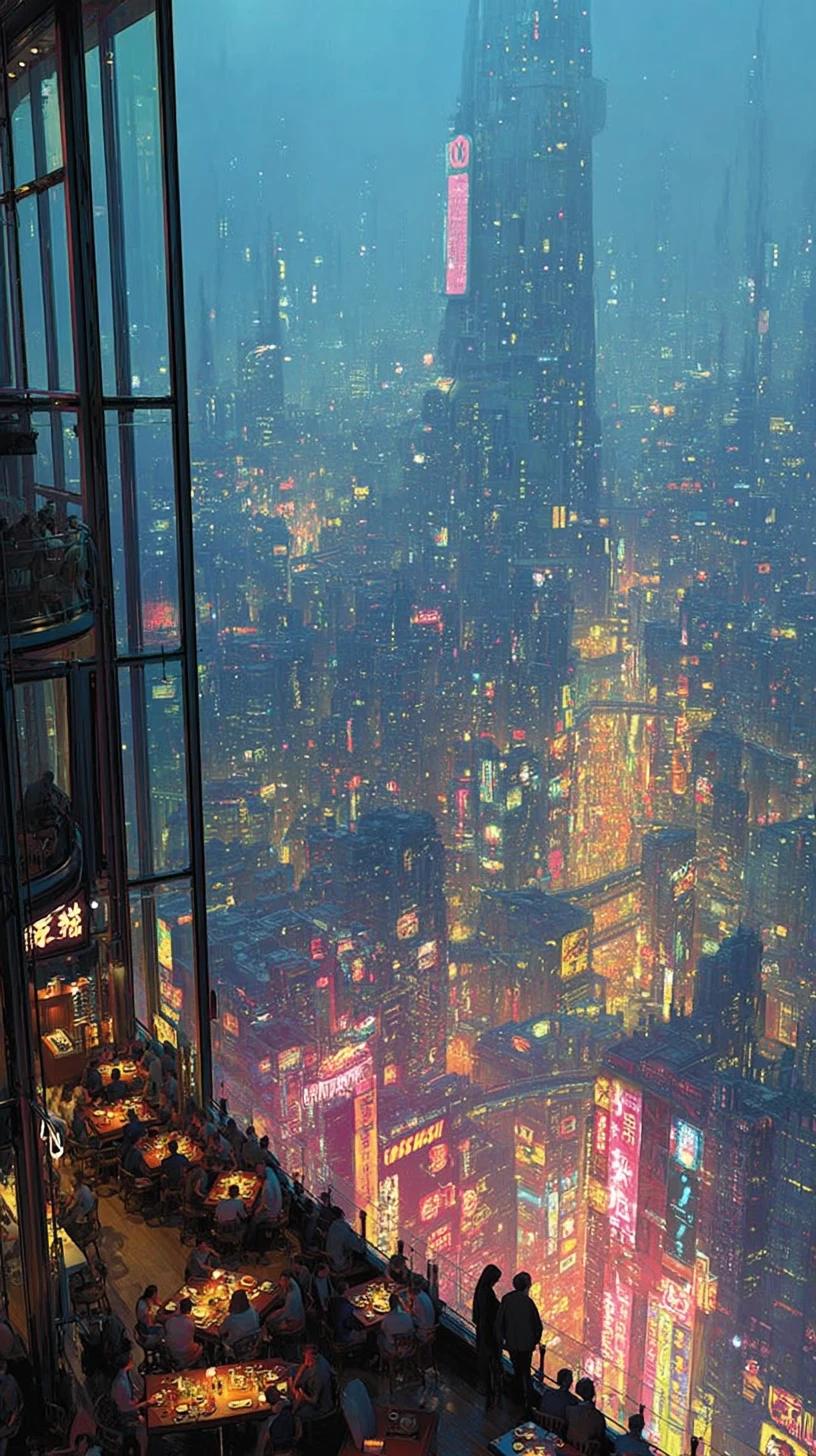 Pareja futurista cenando en un restaurante cyberpunk iluminado con neones
