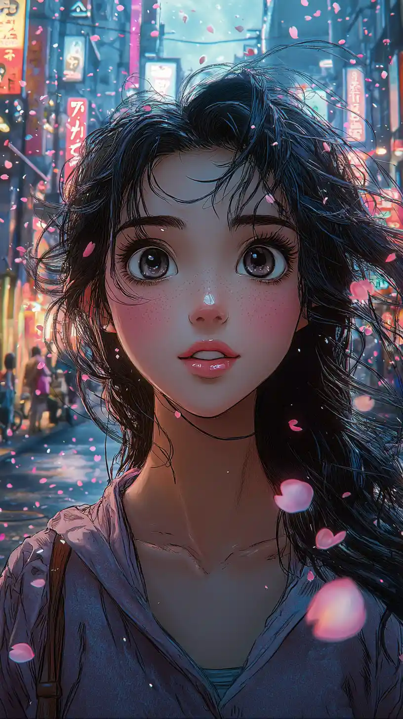 Anime heroine in neon Tokyo street at cherry blossom dusk