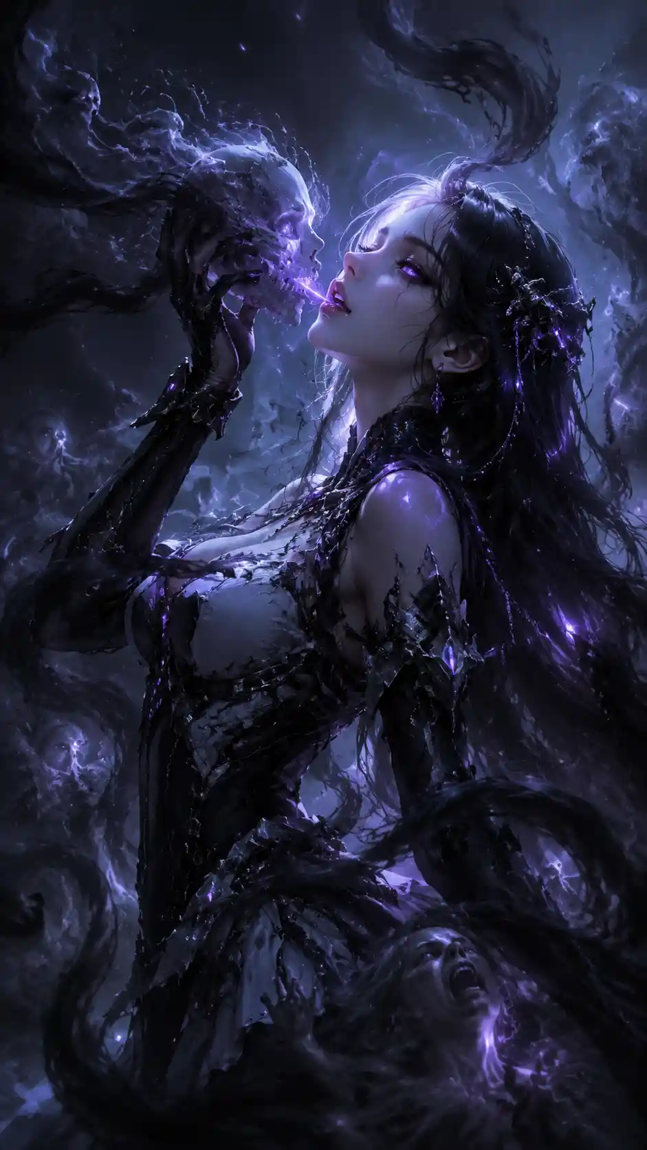 Dark maiden in cyber armor amid writhing spectral mist