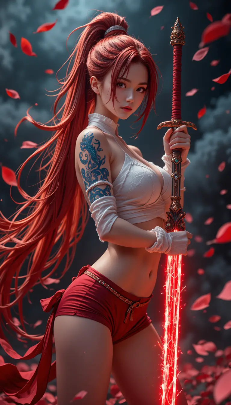 Anime warrior woman with red hair and heavy blade