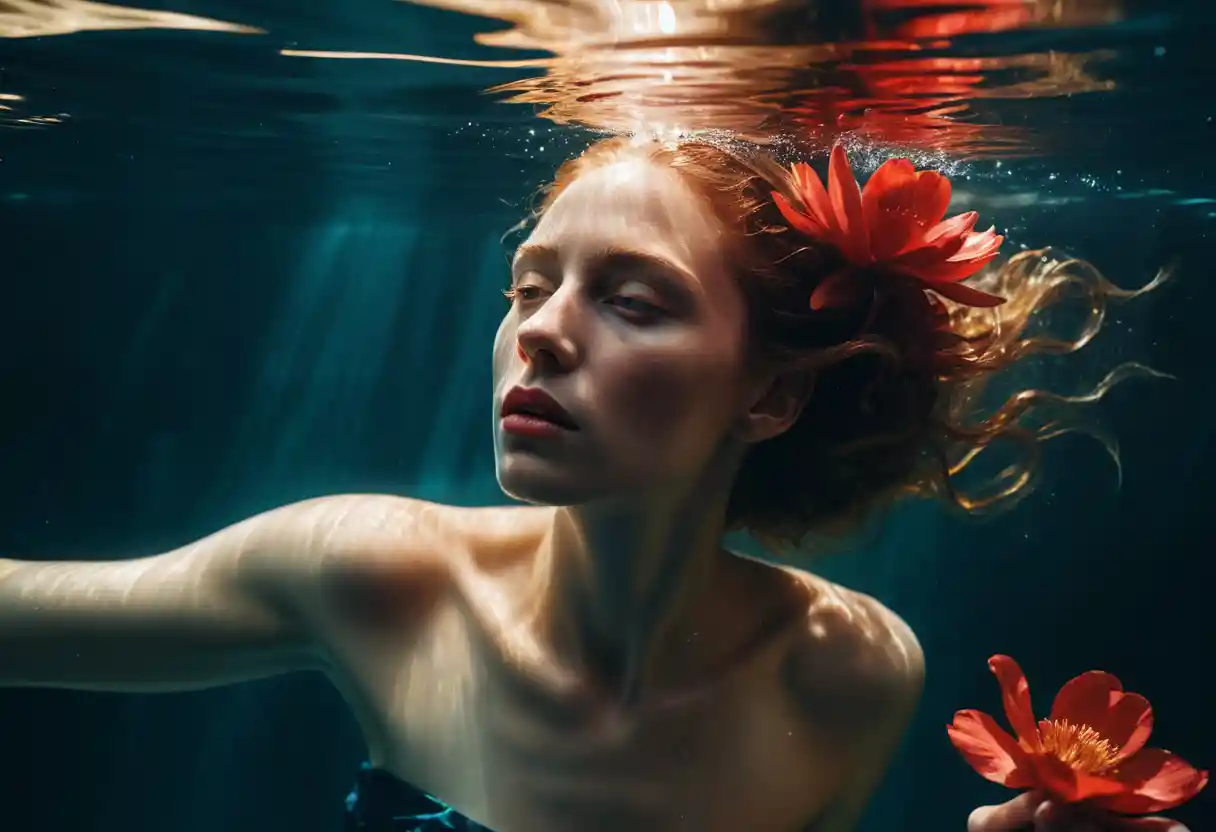 Woman swimming underwater holding a glowing red flower