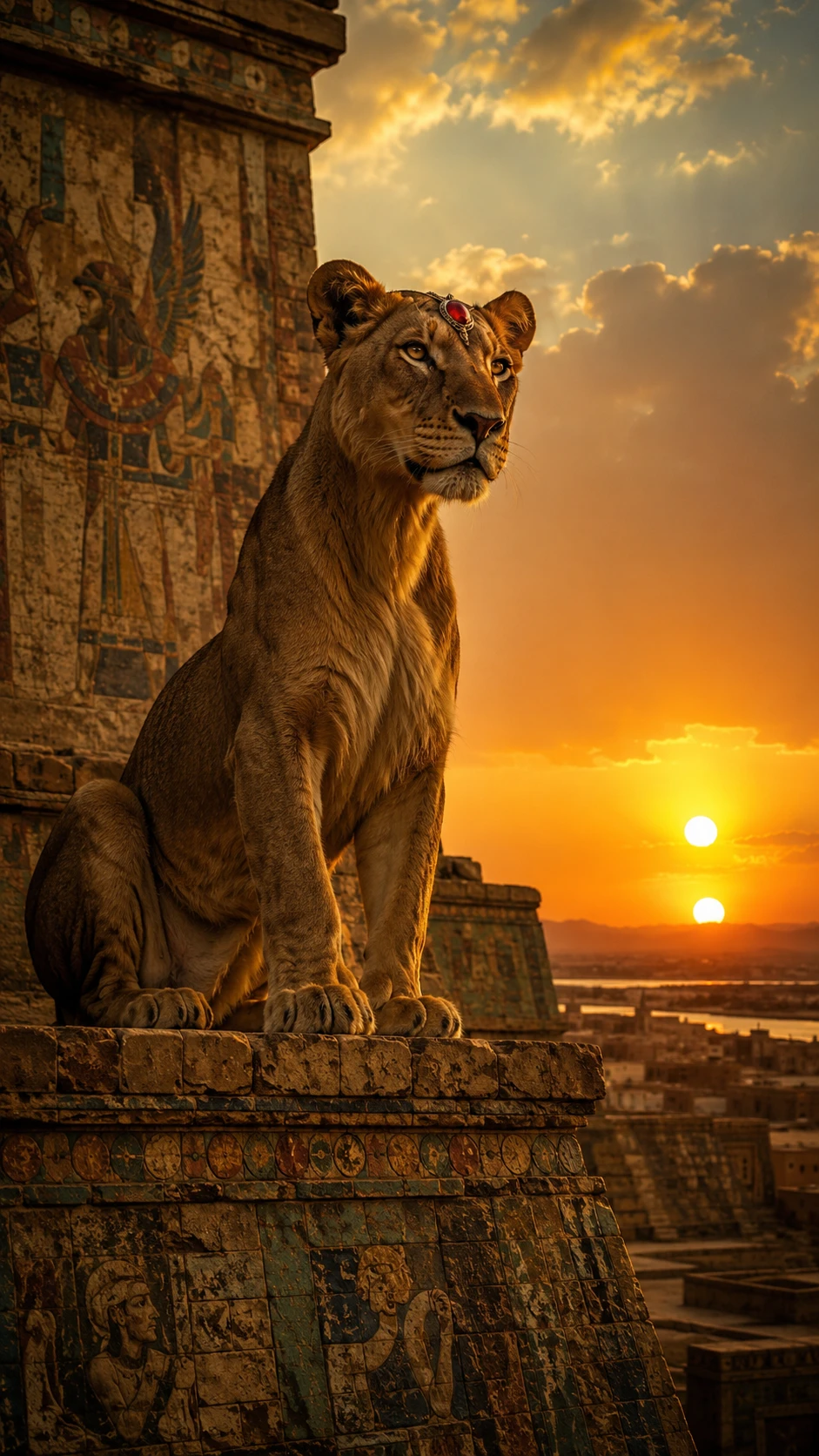 Leonessa su un antico ziggurat al tramonto binario dorato