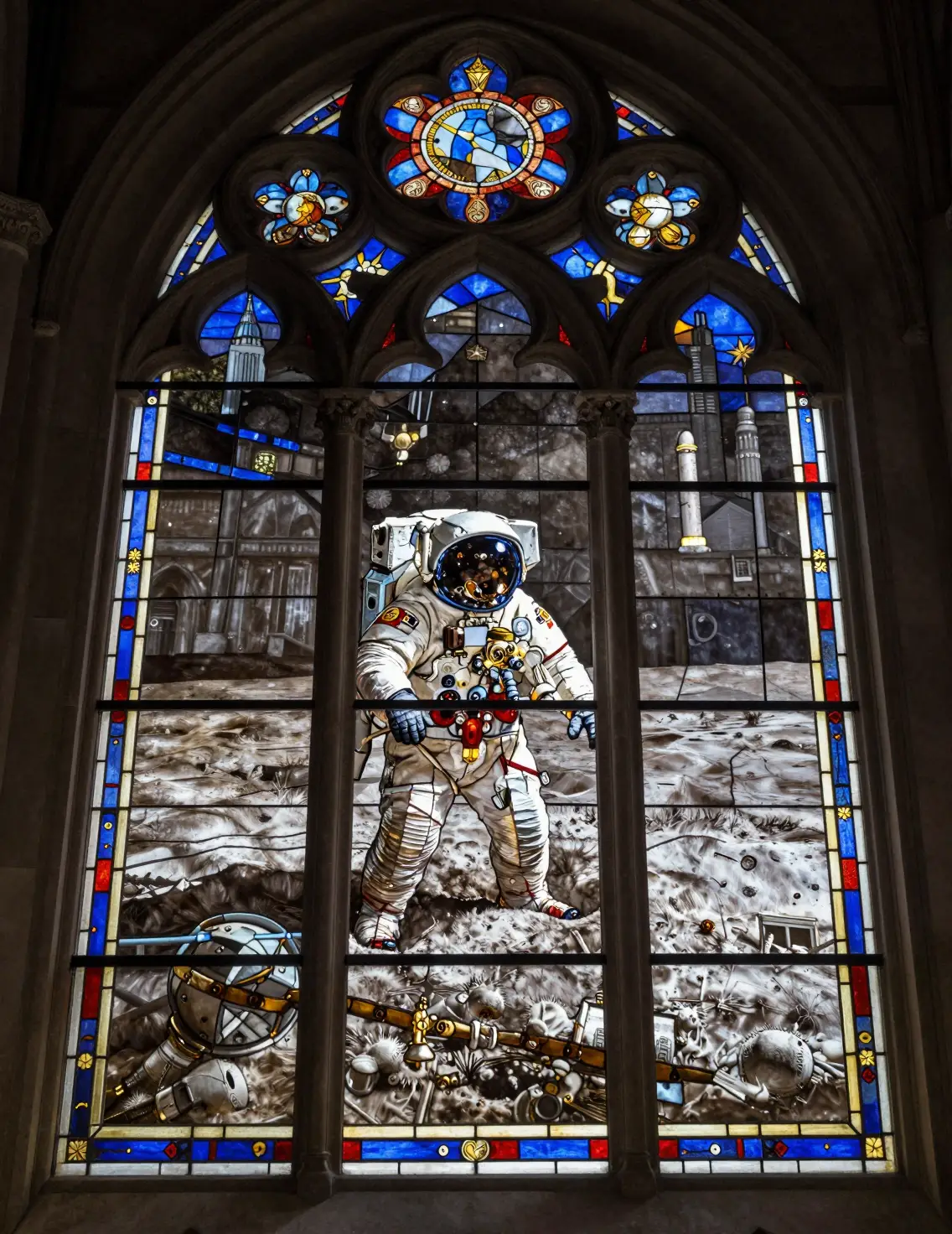 Stained glass cathedral window depicting the Apollo 11 moon landing