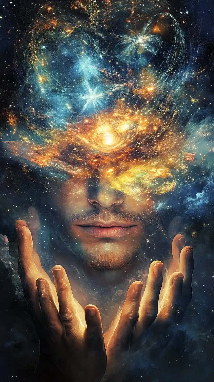 Woman reaching her hands toward glowing night constellations