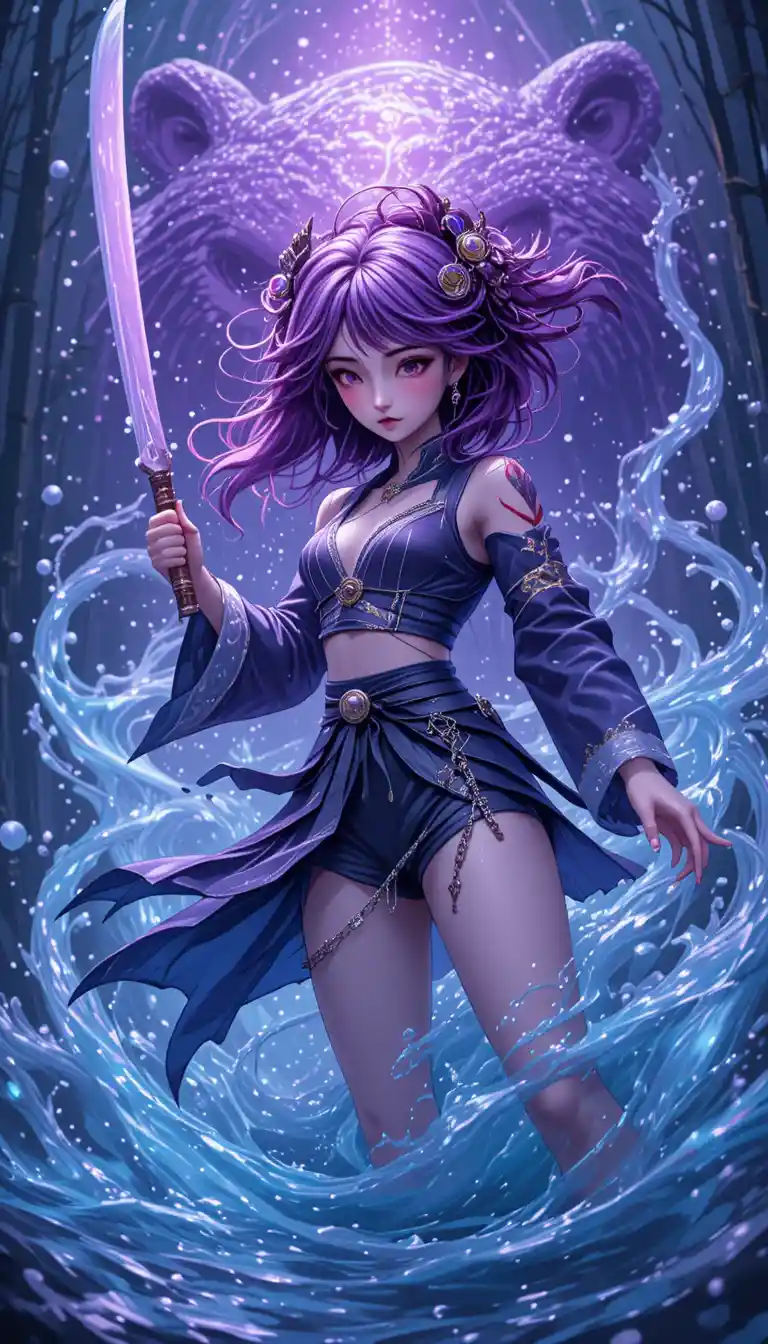 Anime warrior woman with water katana in bamboo forest