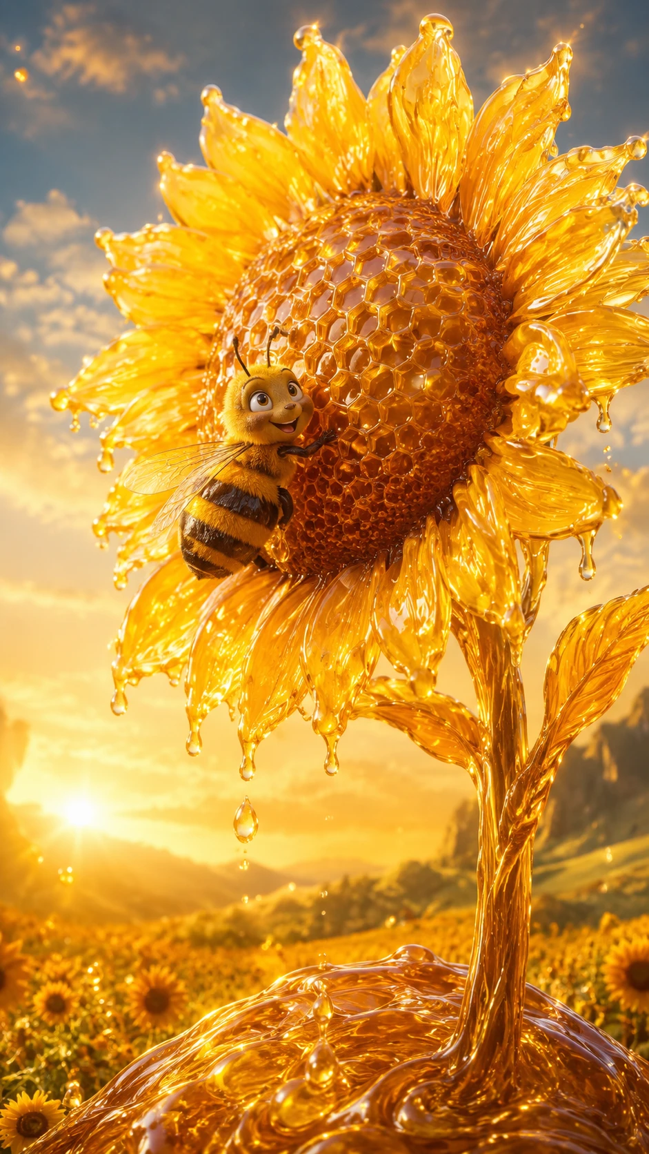 Sunflower Of Flowing Honey With Happy Bee Companion