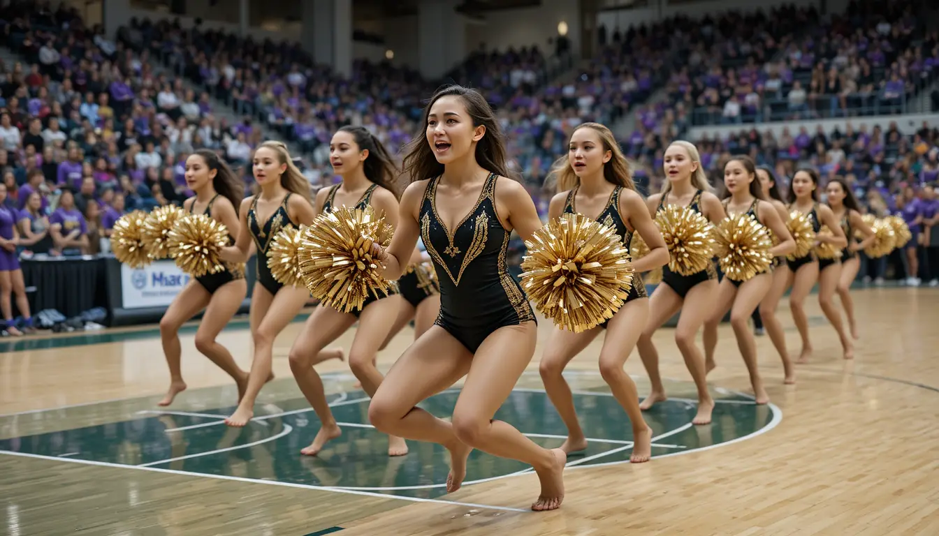 Squadra di danza che si esibisce con pompon dorati in campo