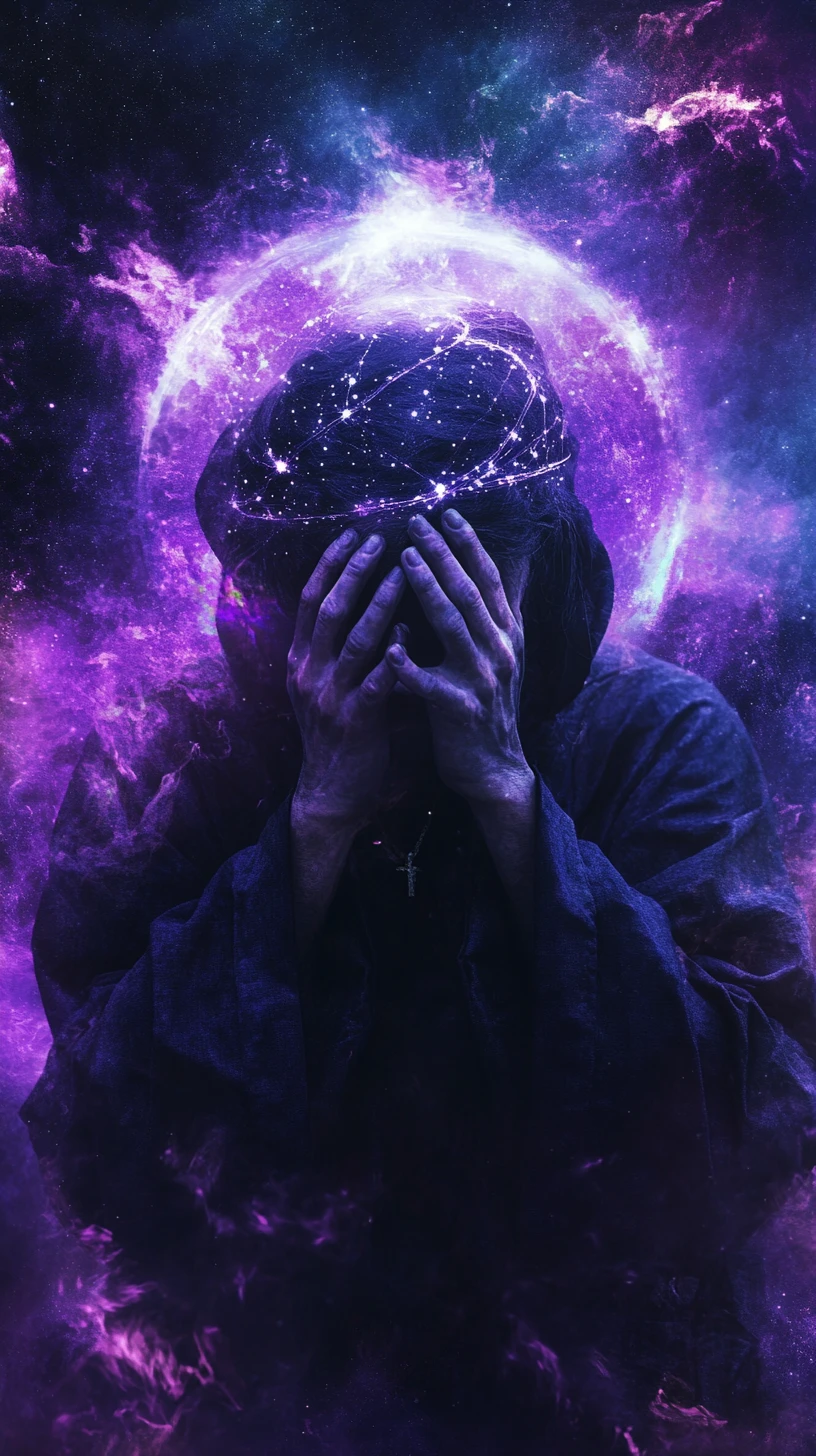 Woman reaching her hands toward glowing constellations