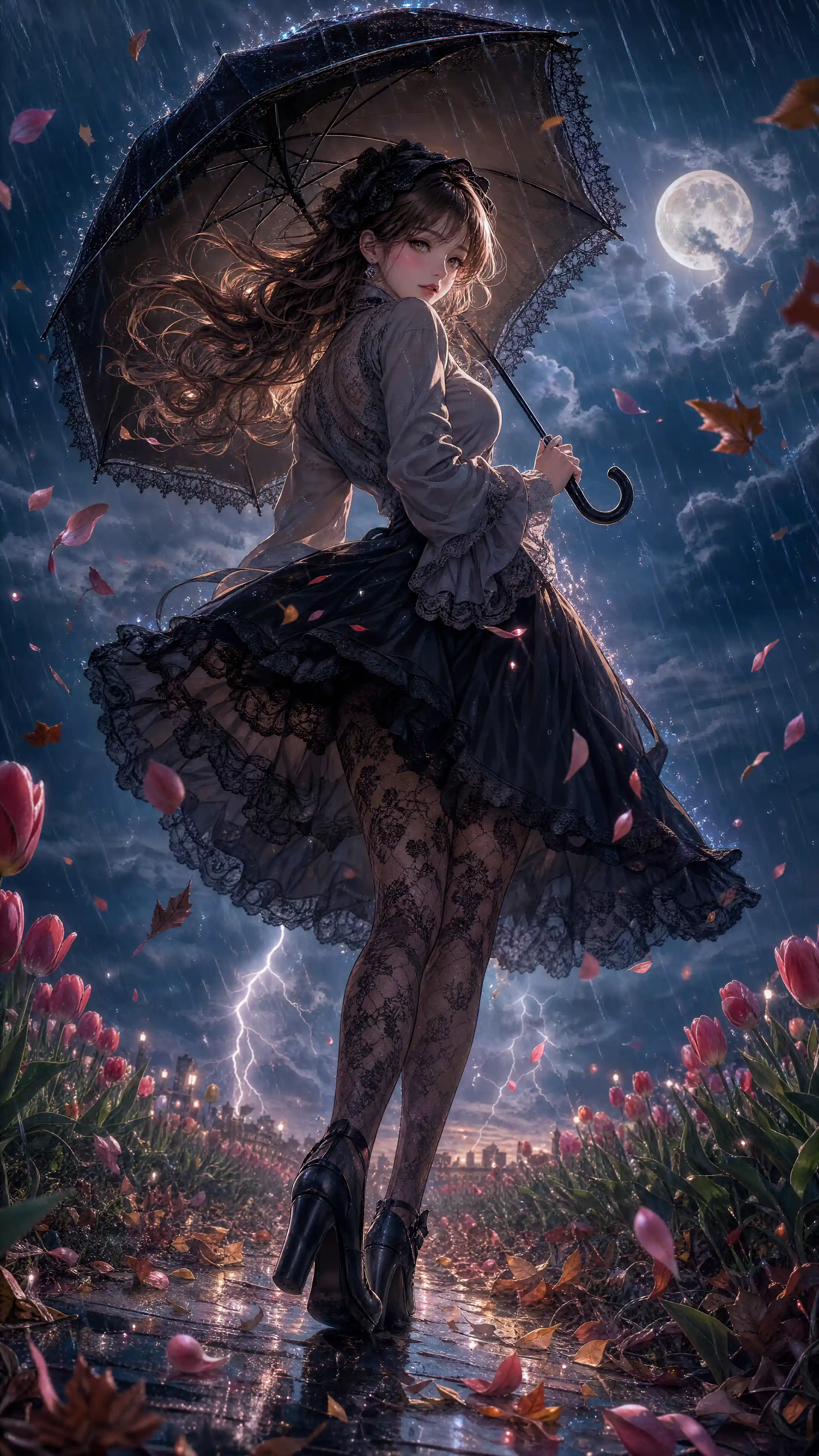 Anime girl with umbrella in a moonlit tulip garden