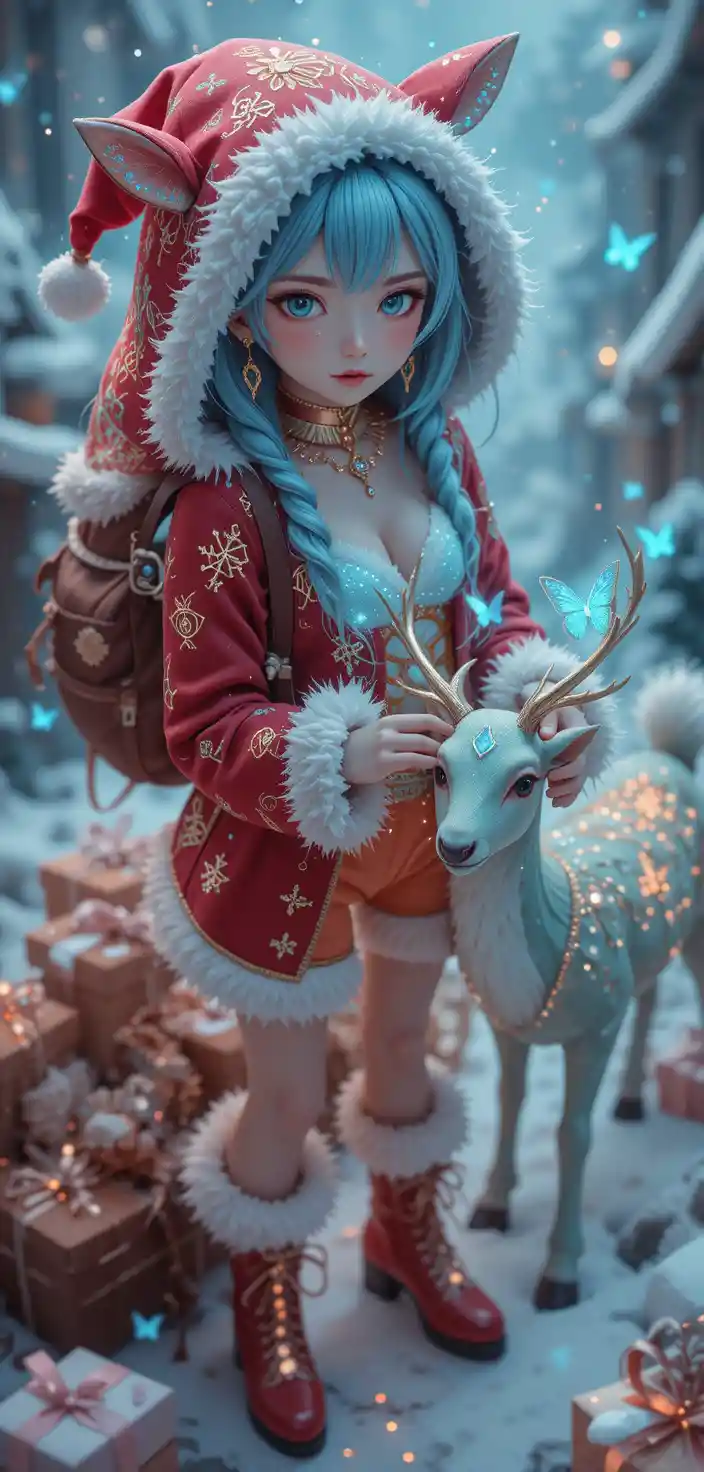 Anime reindeer girl in snowy Christmas fantasy scene
