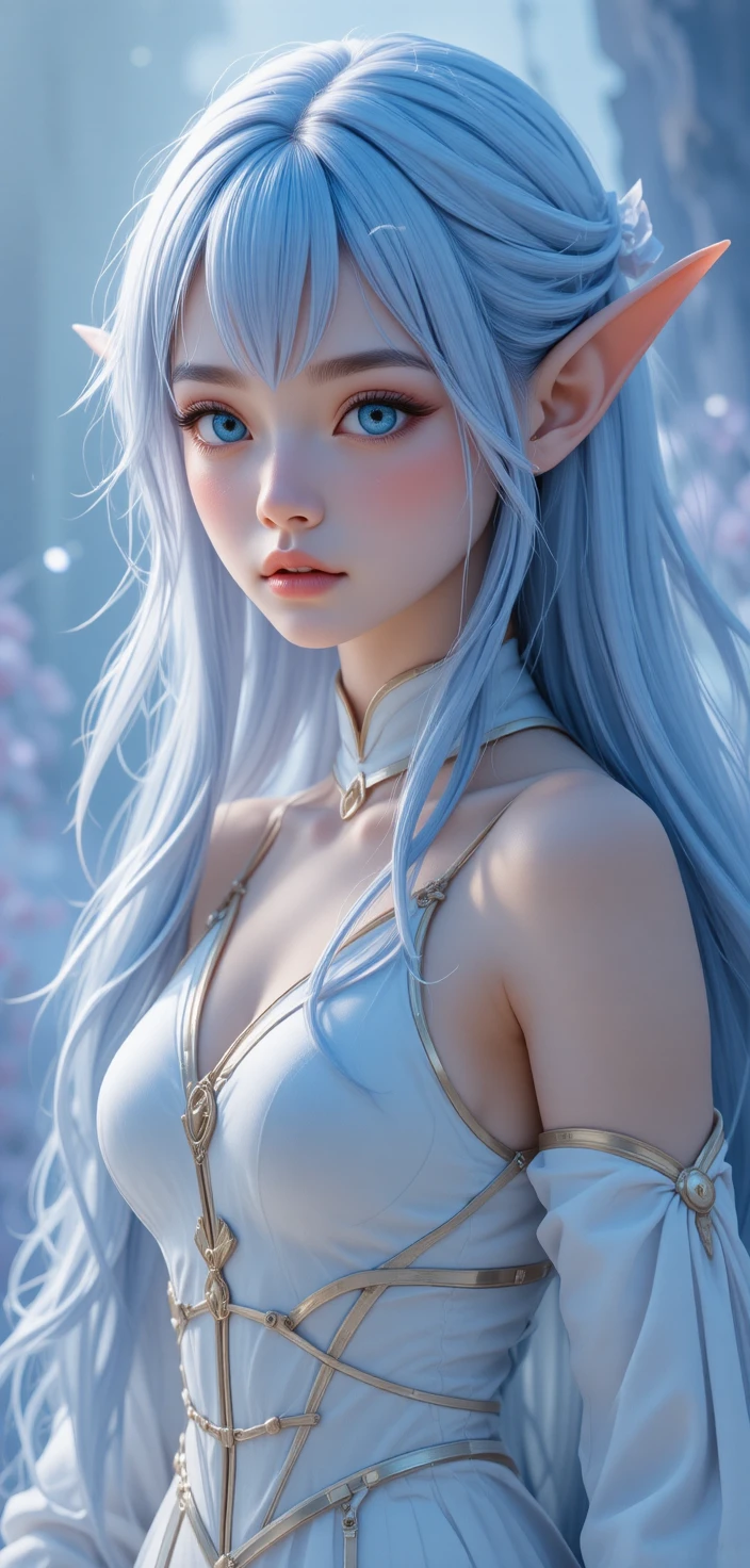 Serene elf girl with flowing blue hair in white outfit