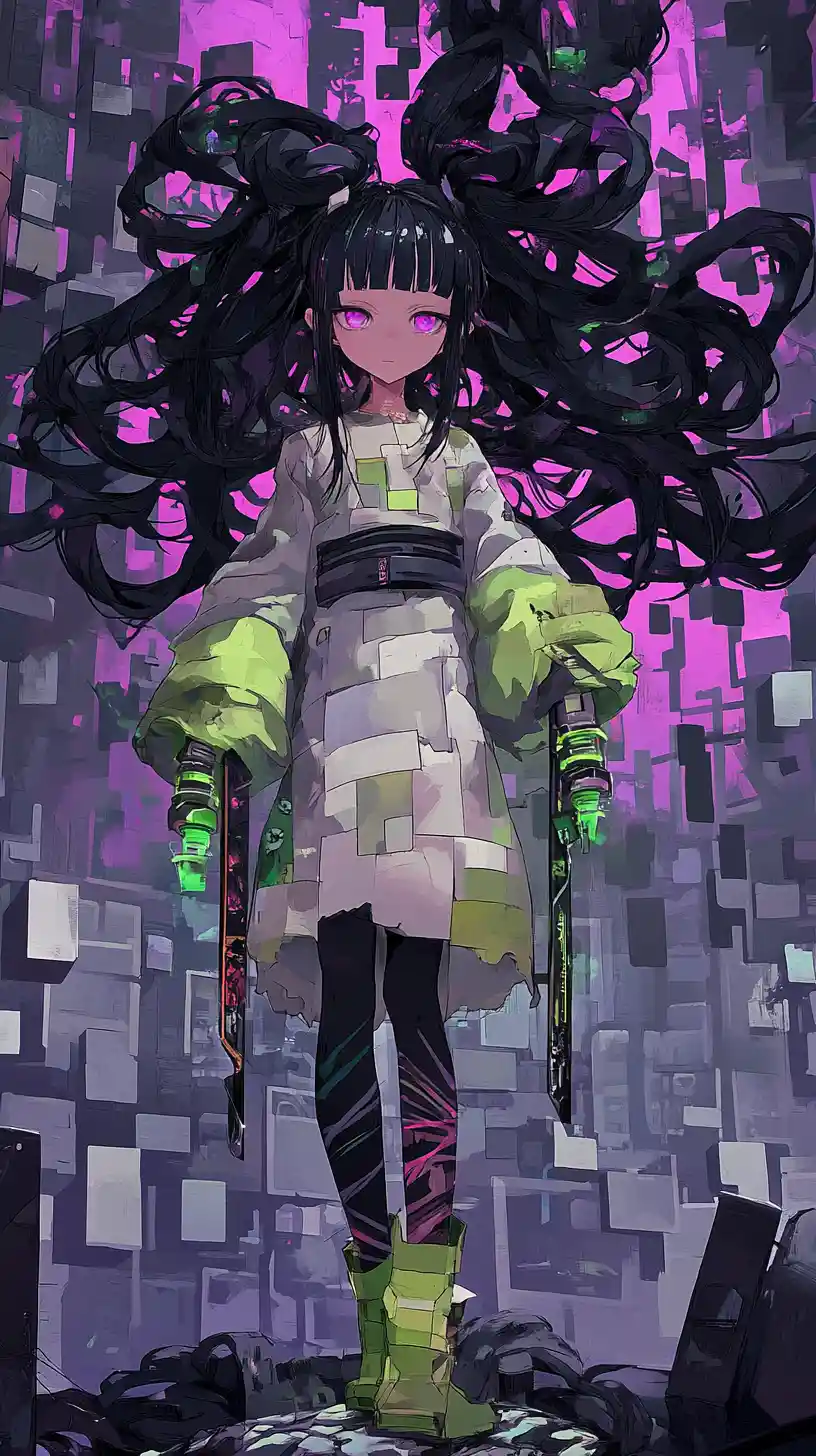 Anime girl in surreal world of chaotic gray blocks