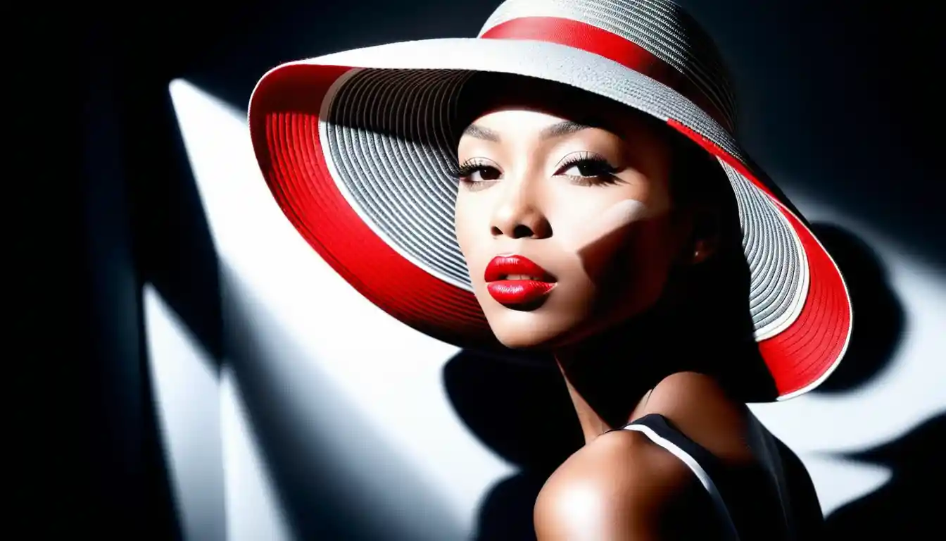 Black woman in striped sun hat with bold red lips