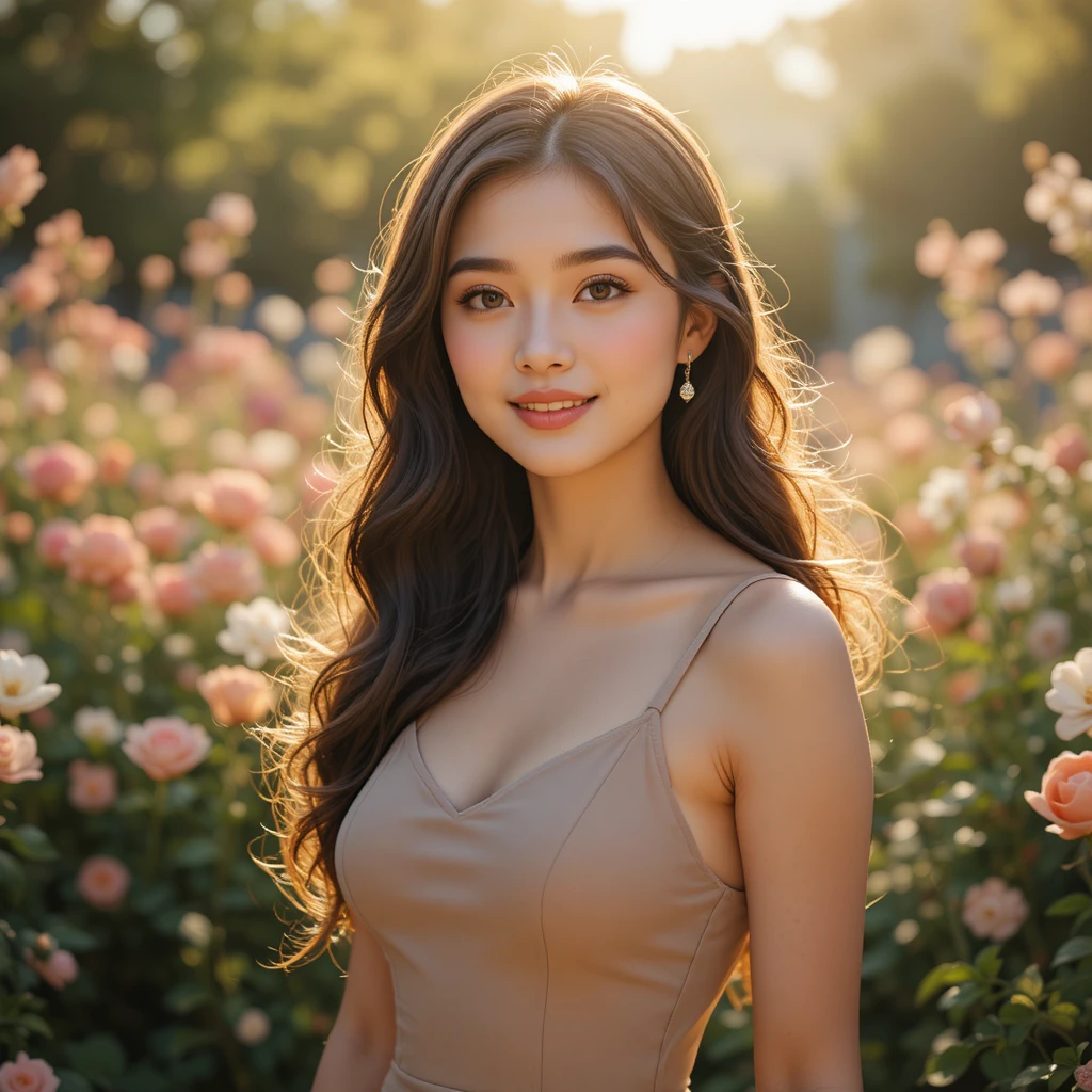 Young woman smiling in a sunlit flower garden